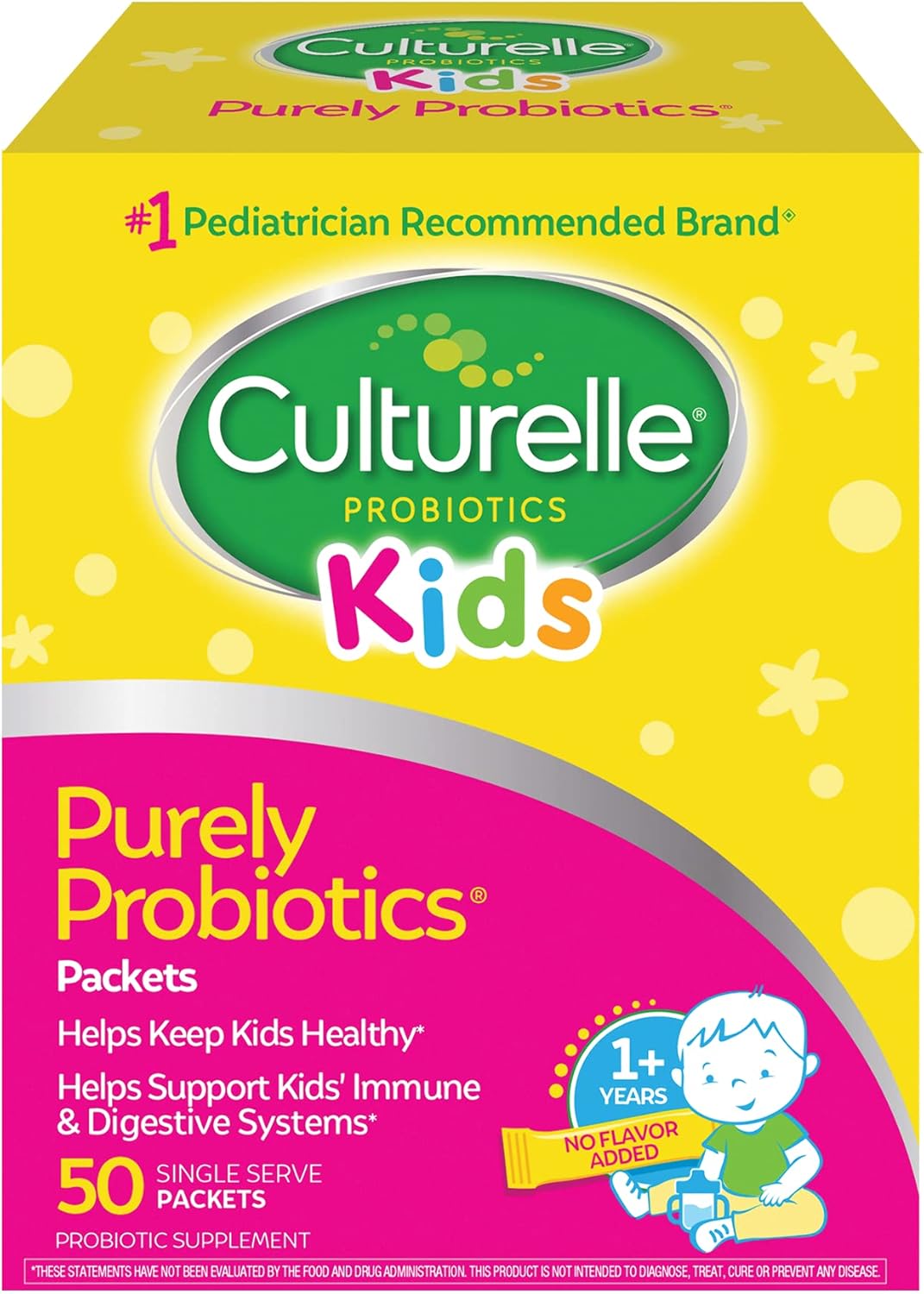 Culturelle Kids Purely Probiotics Packets Daily Supplement, Helps Support Kids’ Immune and Digestive Systems, #1 Pediatrician Recommended Brand, Ages 1+, 50 Count