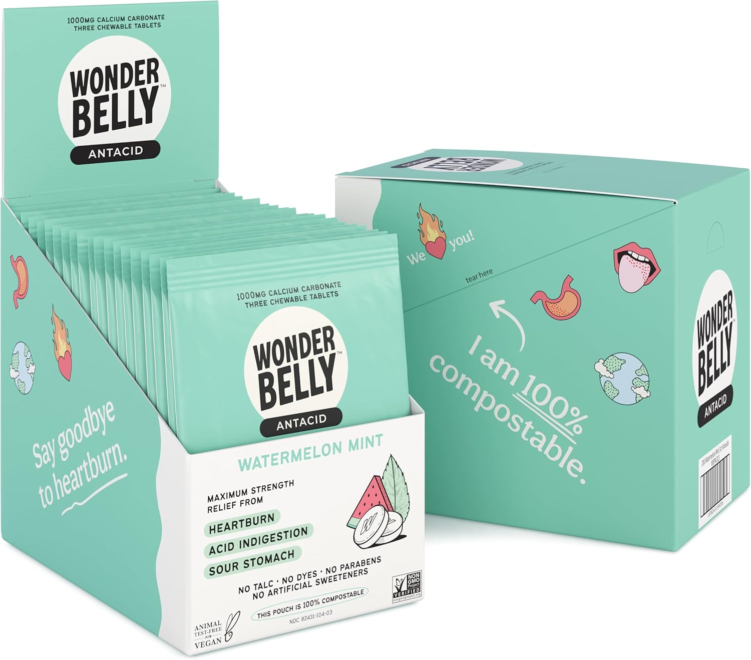 Wonderbelly Antacid, Effective Heartburn and Instant Acid Indigestion Relief, Extra Strength Chewable Tablets, 1000 mg Calcium Carbonate, Watermelon Mint, 20 Count Bachelor & Bachelorette Party Packs