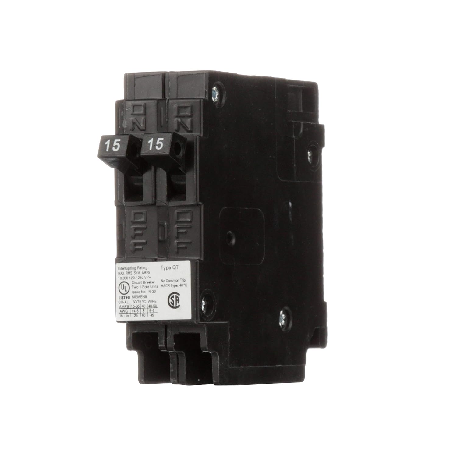 Siemens -HI Q1515NC Two 15-Amp Single Pole 120-Volt Non-Current Limiting Circuit Breaker