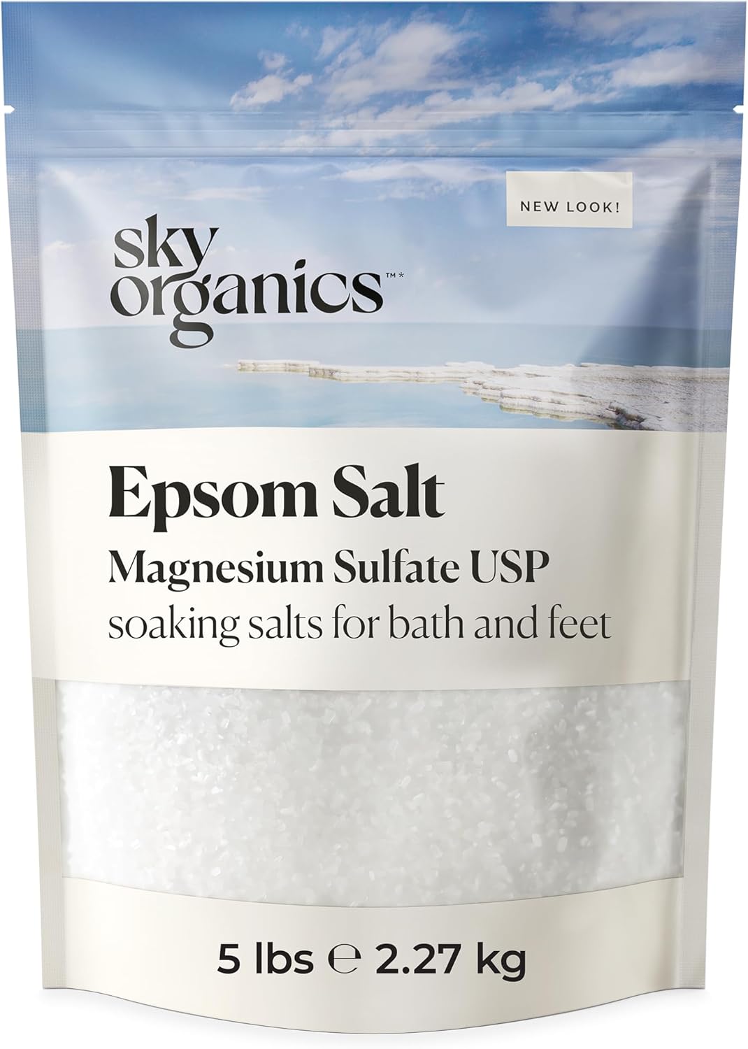 Sky Organics – Epsom Salt Bath Soak, 5 lbs – Magnesium Sulfate USP – 100% Pure, Medium Grain – Unscented – Soaking Bath Salts – Resealable Bag – Natural, Vegan & Cruelty Free – Self Care – Bath & Feet