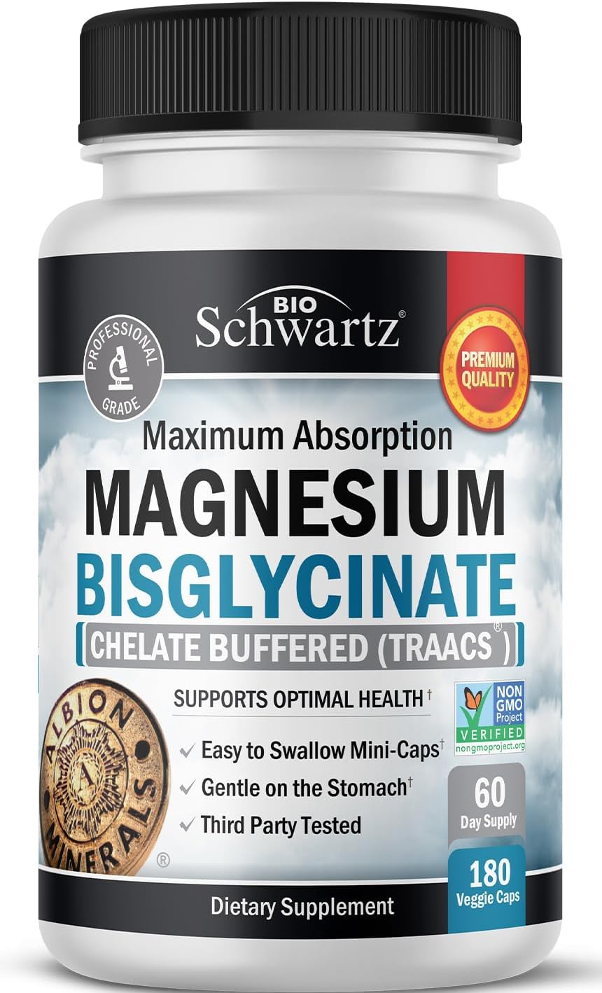 Magnesium Bisglycinate 100% Chelate No-Laxative Effect – Maximum Absorption Magnesium Supplement – Fully Reacted & Buffered for Energy Muscle Bone & Joint Support – Non-GMO Project Verified -180ct