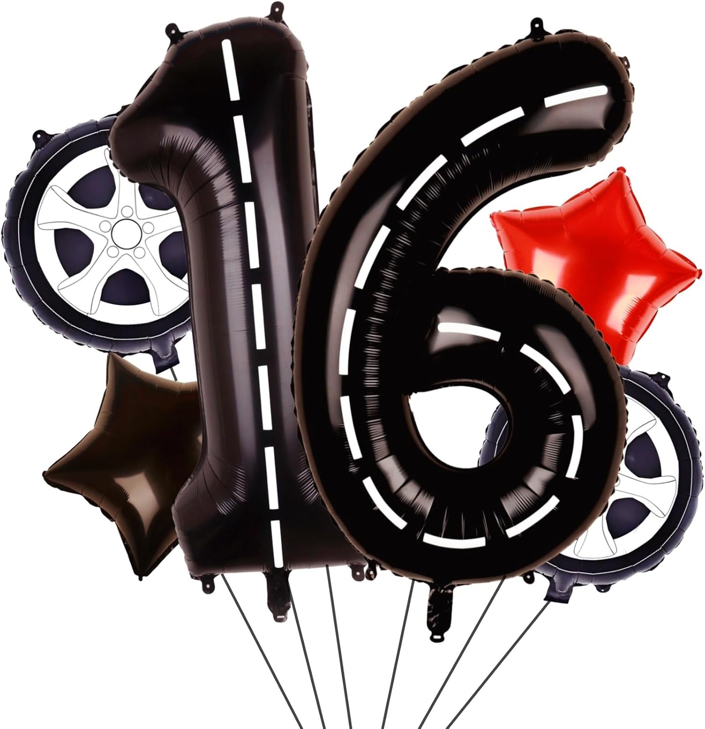 Race Car Balloons Tire Balloons Racetrack Number 16 Balloon, 16th Birthday Decorations for Boy Driver Driving Racing Car Theme Party Supplies Favors Decor 40 Inch Big Foil Mylar Black and Red