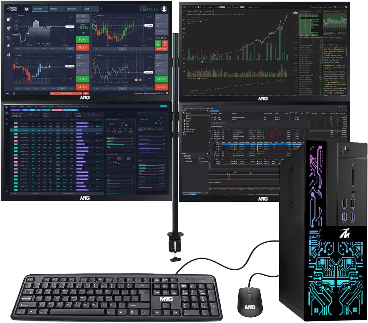 TechMagnet Trading Desktop PC Siwa 6 Intel Corei5-6500, 16GB RAM, 120GB SSD, 4TB HDD, 4 New 27” LED Monitors, 2 Network Cards, Trading Platform Support, MTG Keyboard & Mouse Win 10 Pro (Renewed)