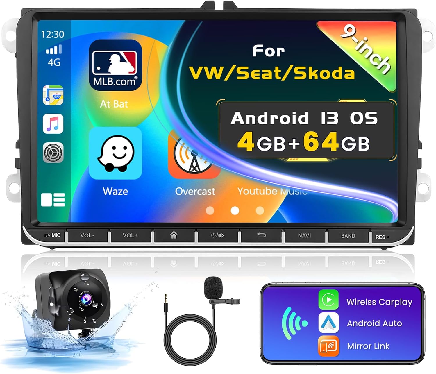 4+64G Inefala Android 13 Car Radio for VW Polo Golf Caddy Touran Passat Seat Stereo Kit, 9 inch HD Touch Screen with Wireless Carplay Android Auto WiFi GPS EQ BT FM/RDS Backup Camera MIC