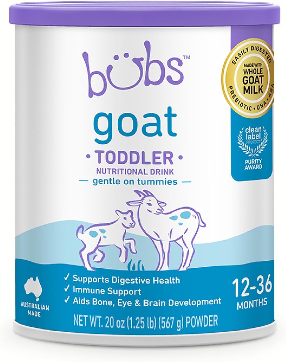 Bubs Goat Toddler Nutritional Drink, Non-GMO Whole Goat Milk-Based Gentle Formula, for Kids 12-36 Months, 20 oz