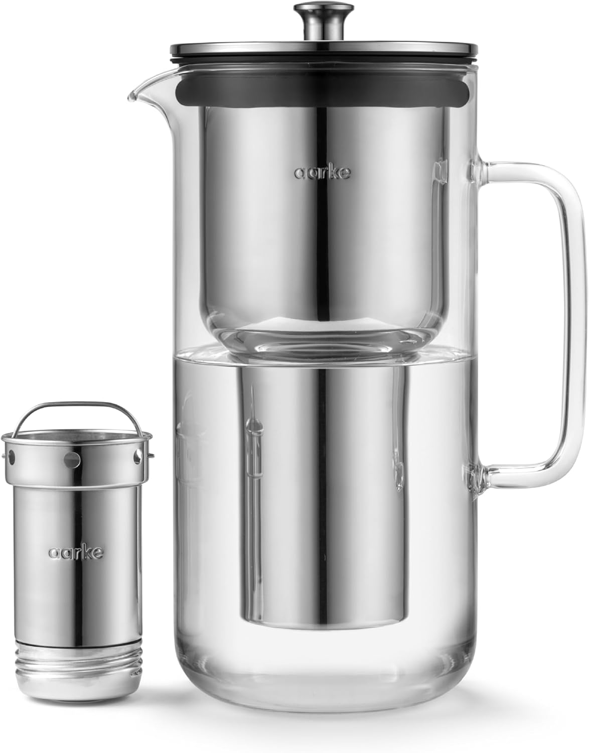 aarke Purifier Glass Water Pitcher, Refillable Stainless Steel Filter, 8-Weeks Performance, BPA-Free, Dishwasher Safe, Pure & Enriched Refill Granules, 1.18L (5 Cups) Capacity