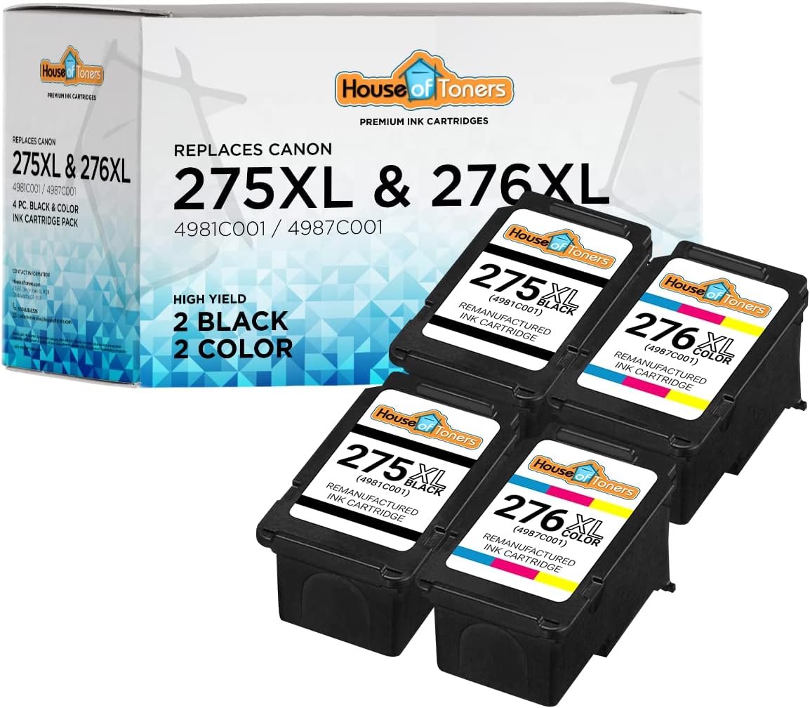 Remanufactured 4-Pack Ink Cartridges Replacement for Canon PG-275XL Black CL-276XL Color PIXMA Mg2520 Mg2522 Mg2525 Mg2920 Mx492 Tr4520 Ts202 Ts3122 IP2820 (2-Black & 2-Color)