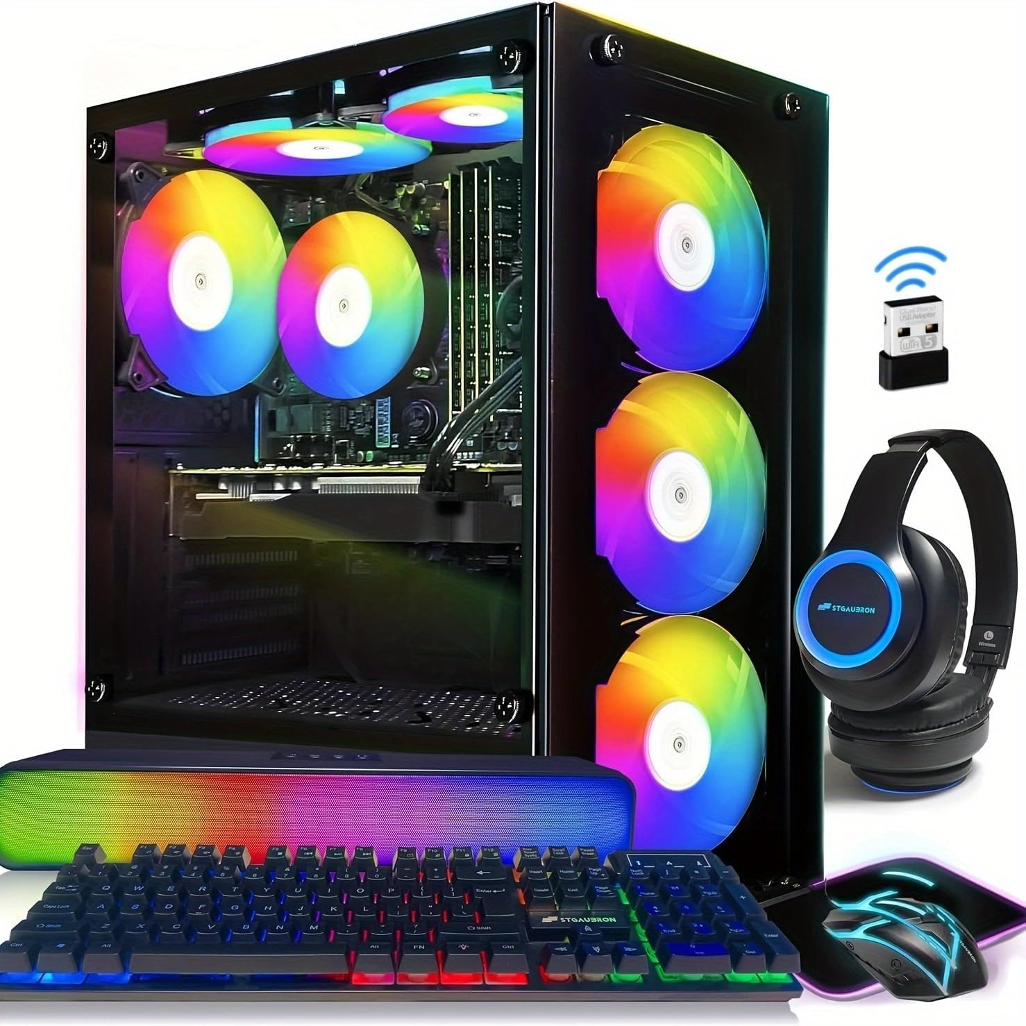 STGAubron Gaming PC Desktop, GeForce GTX 1660 Super 6G,Core i7 up to 3.9G, 32G RAM, 1T SSD, WiFi, BT 5.0,RGB Mouse Pad, RGB BT Sound Bar, RGB BT Gaming Mic, Windows 10 Home