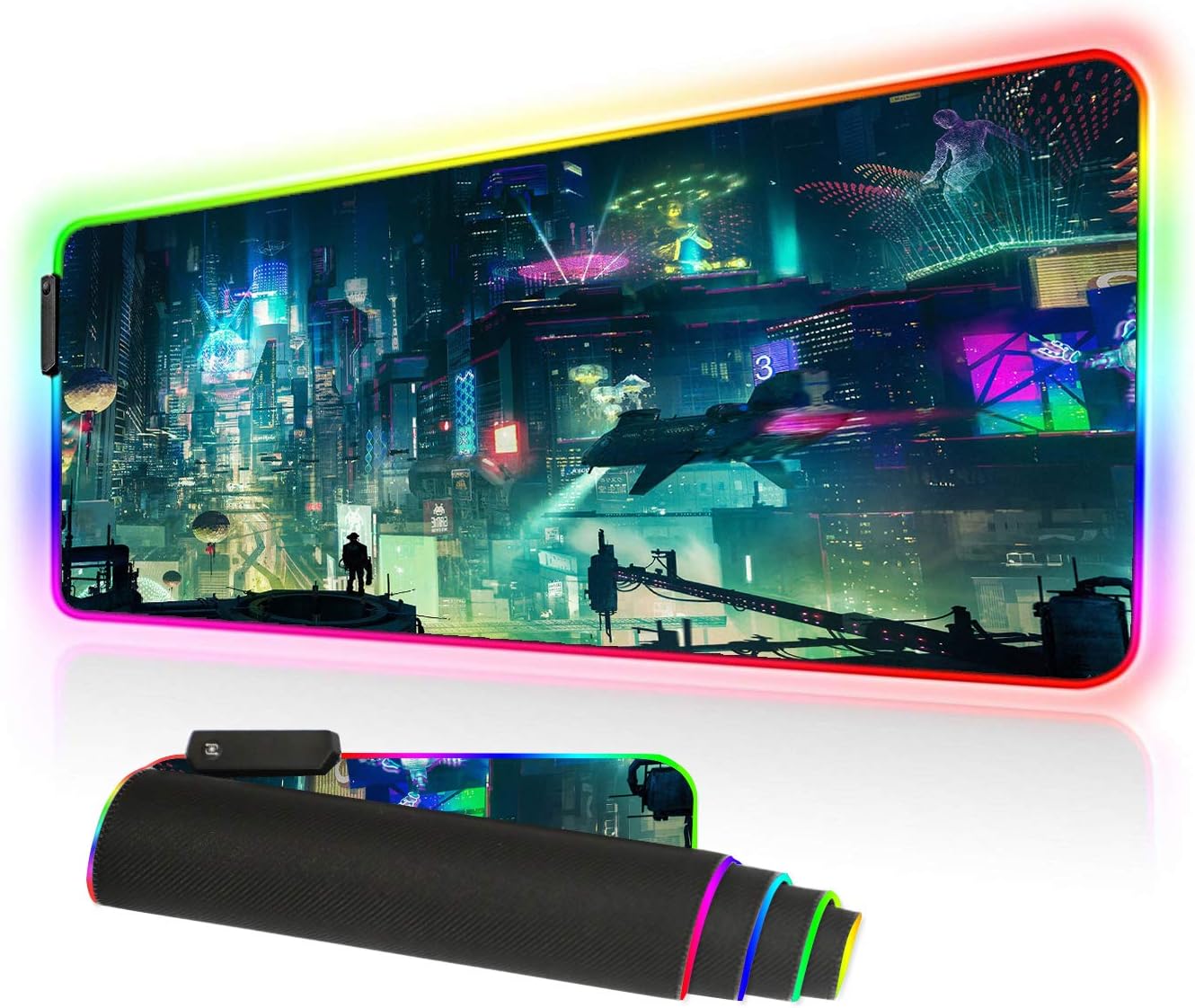 RGB Mousepad Large, Led Gaming Mouse Pad Oversized Glowing Mat Colorful Soft Mat for Mice Computer Keyboard with Non-Slip Rubber Base Water-Resistant (80×30 rgbgreencity)