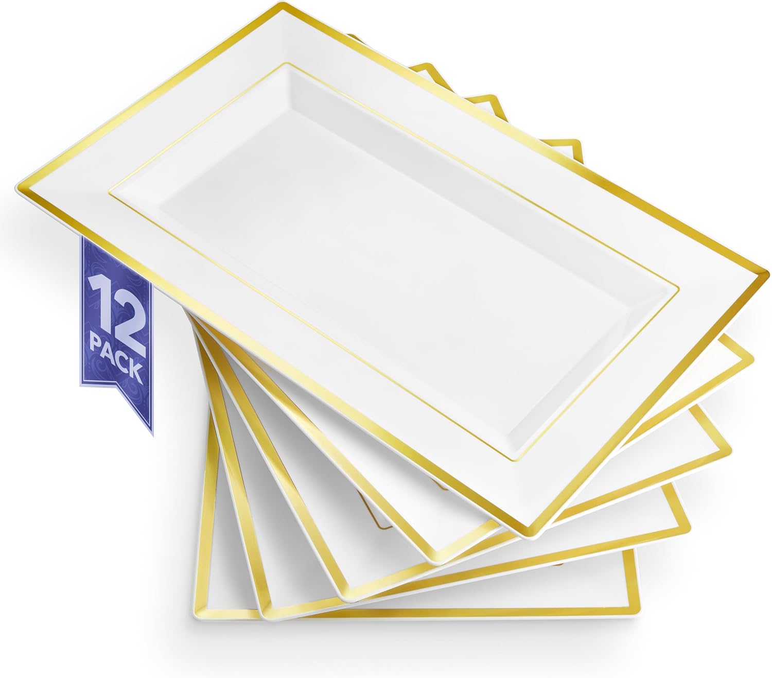 (12 Pcs) Premium White and Gold Plastic Serving Tray, Plastic Serving Platter Disposable, White Rectangle Party Trays and Platters for Fruit, Dessert, Cookies, Appetizers, Holiday Parties