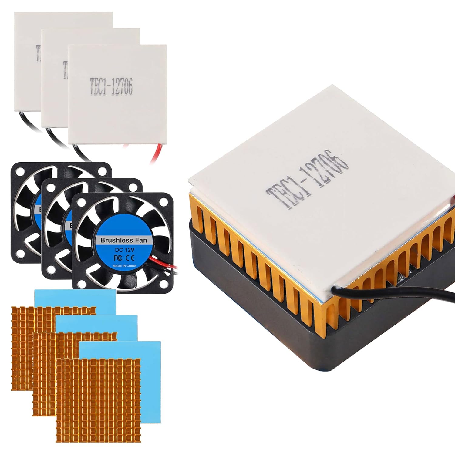 3 Sets TEC1-12706 Semiconductor Refrigeration 12V 6A Heatsink Thermoelectric Cooler Cooling Peltier Plate + Aluminum Heatsink + 12V Cooling Fan