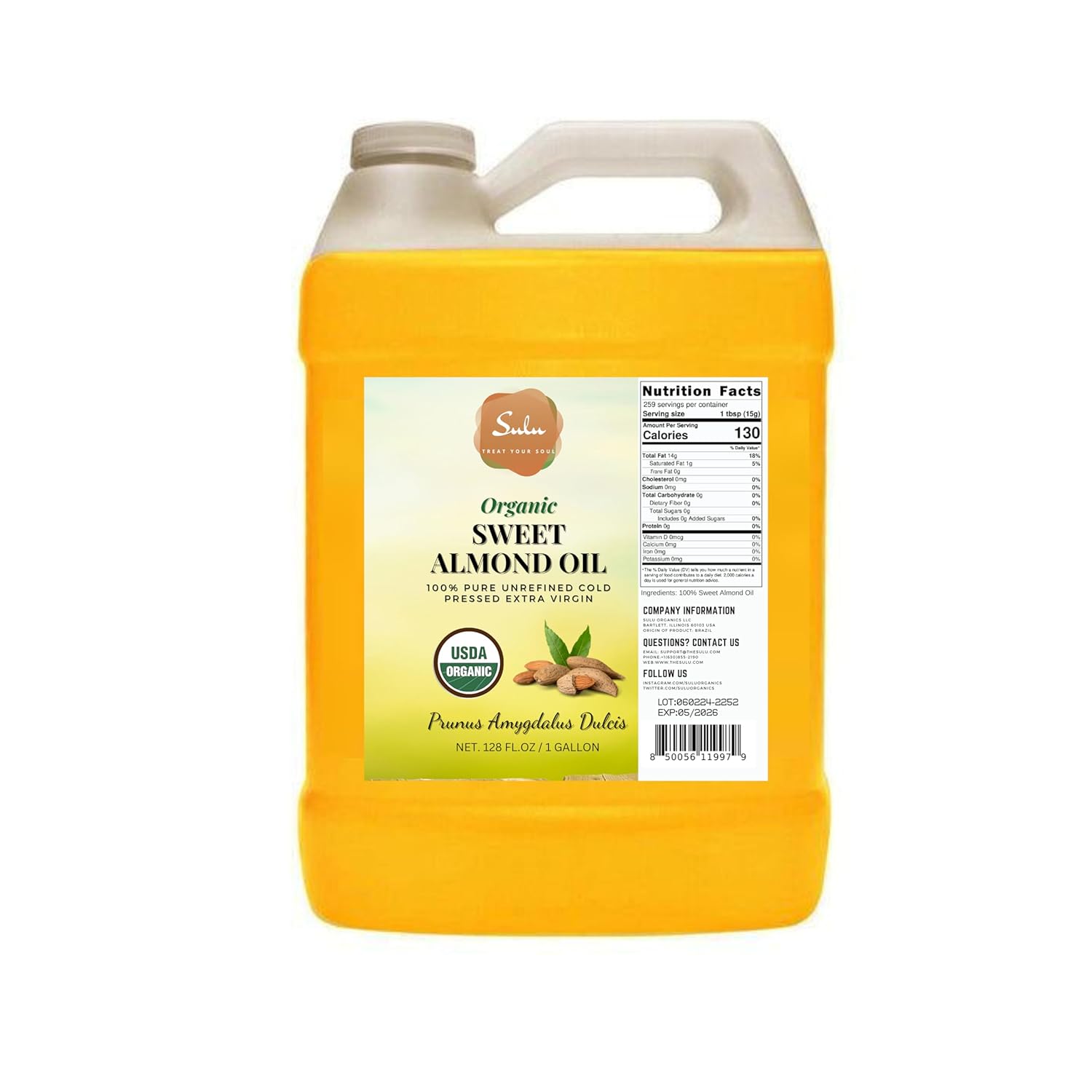 Certified Organic Unrefined Cold Pressed Sweet Almond Oil- 1 Gallon