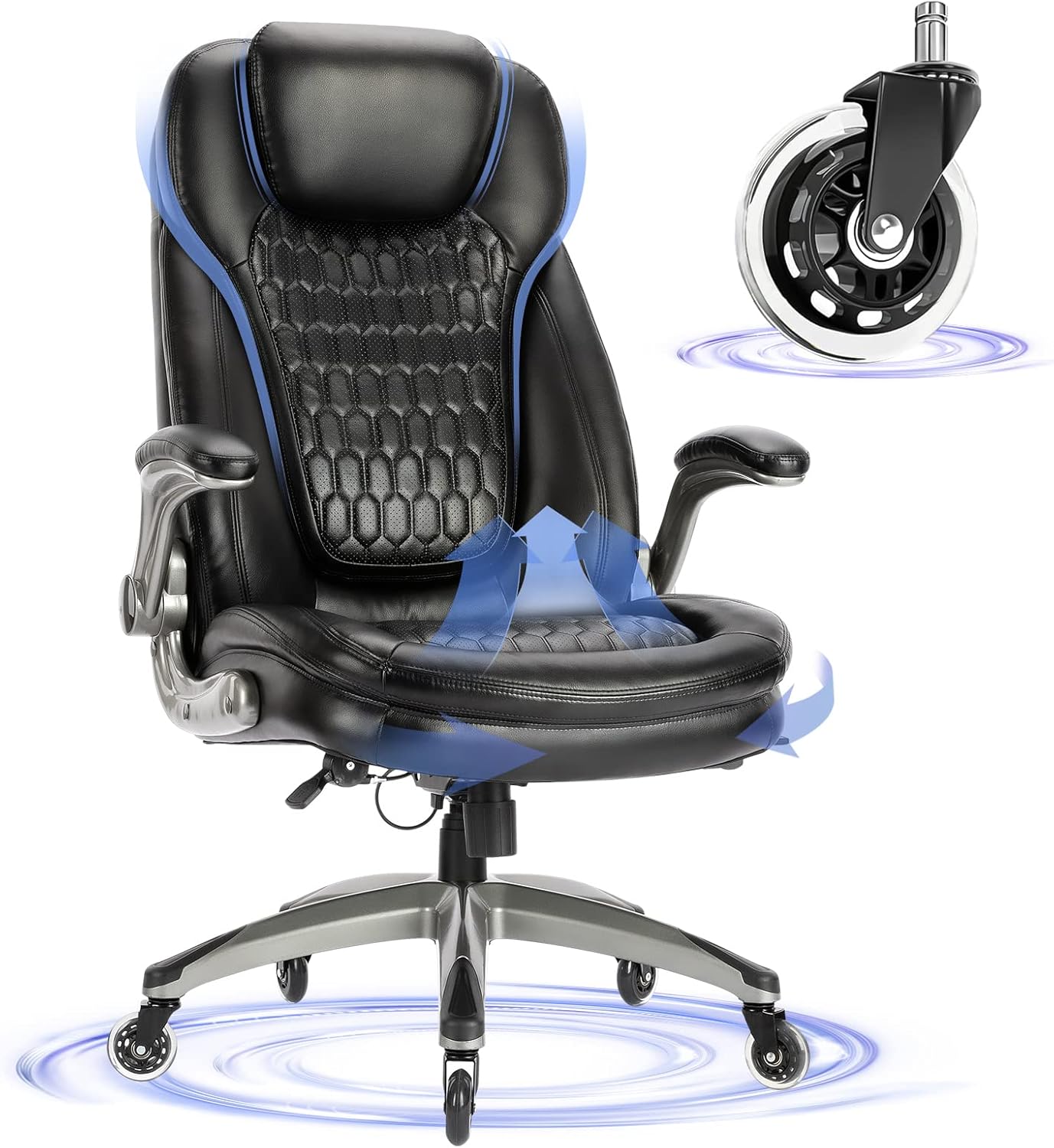 Executive Office Chair-Ergonomic Computer Desk Chair, High Back Leather Chair with Padded Flip-up Arms, Swivel Home Office Chair Upgraded Caster-Black