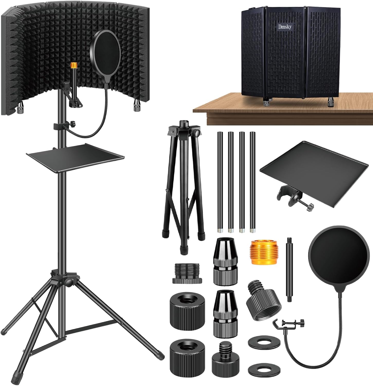 Dmsky Microphone Isolation Shield with Pop Filter & Tripod Stand, Foldable Mic Shield with Triple Sound Insulation, High Density Mic Sound Shield for Recording Studio, Podcasts, Singing, Broadcasting