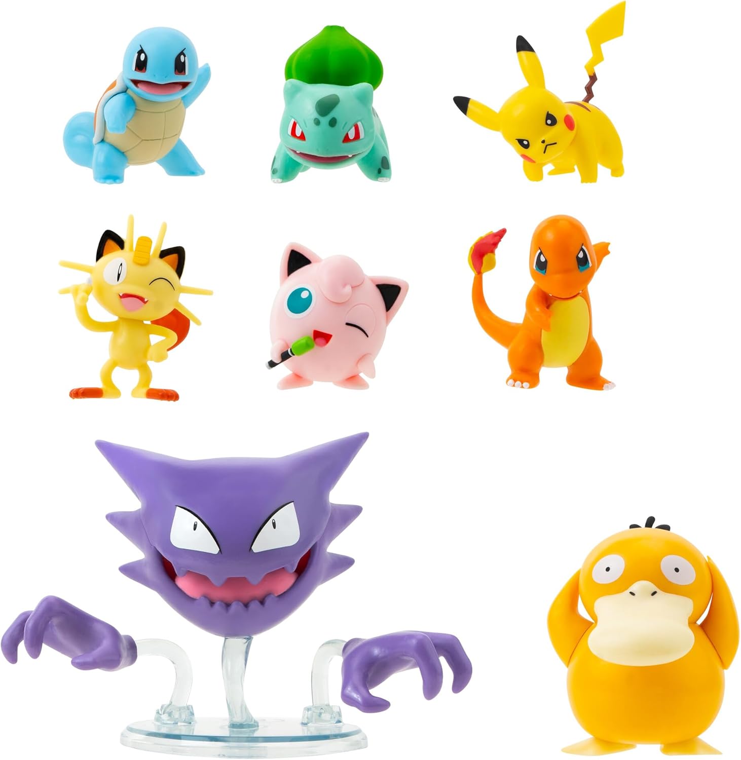 Pokemon Battle Figure 8-Pack – Comes with 2” Pikachu, 2” Bulbasaur, 2” Squirtle, 2” Charmander, 2” Meowth, 2″ Jigglypuff, 3” Loudred, and 3” Psyduck