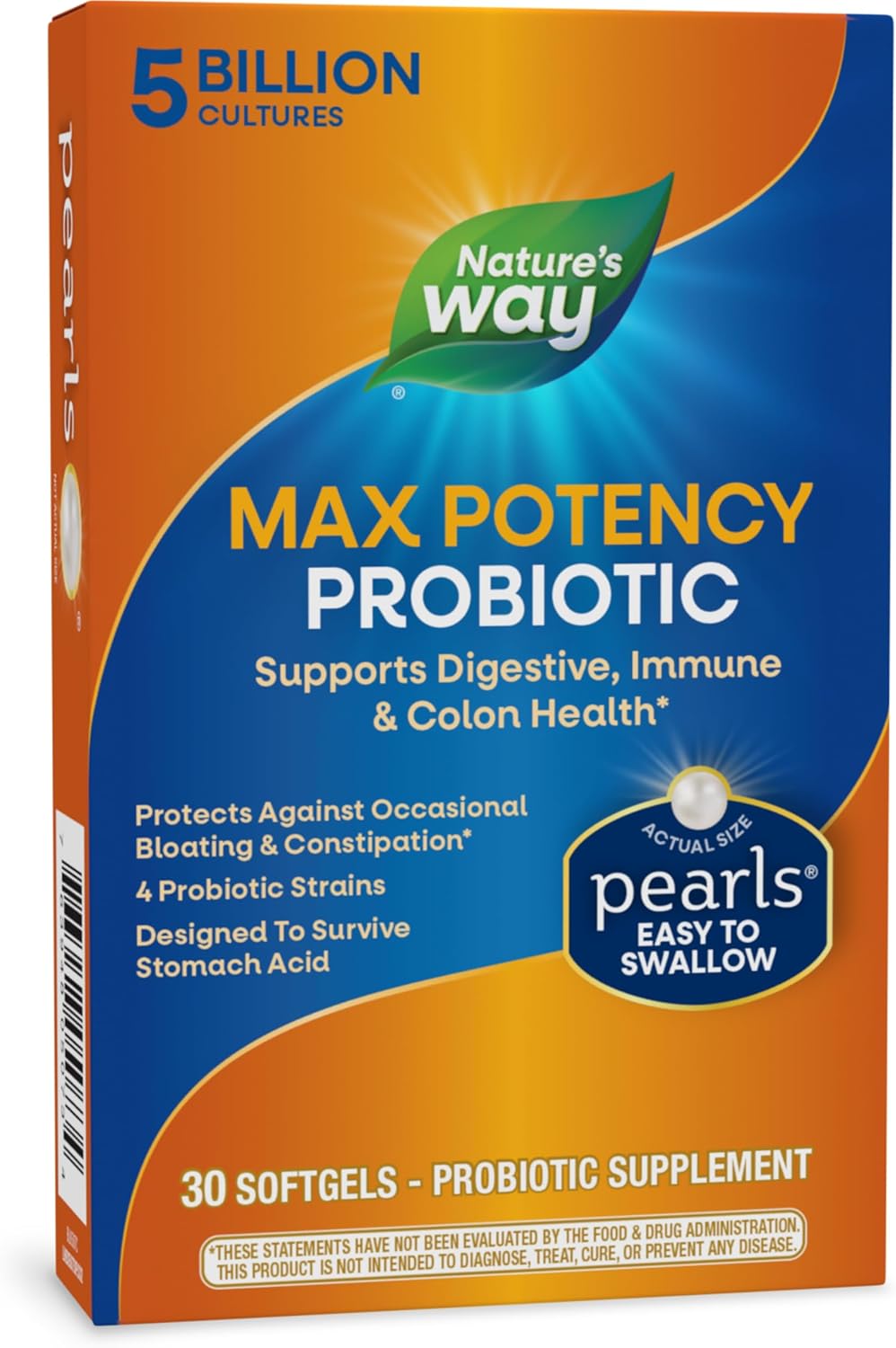 Nature’s Way Max Potency Probiotic Pearls for Men and Women, Supports Digestive, Immune, Colon Health*, 5 Billion Live Cultures, No Refrigeration Required, 30 Softgels (Packaging May Vary)