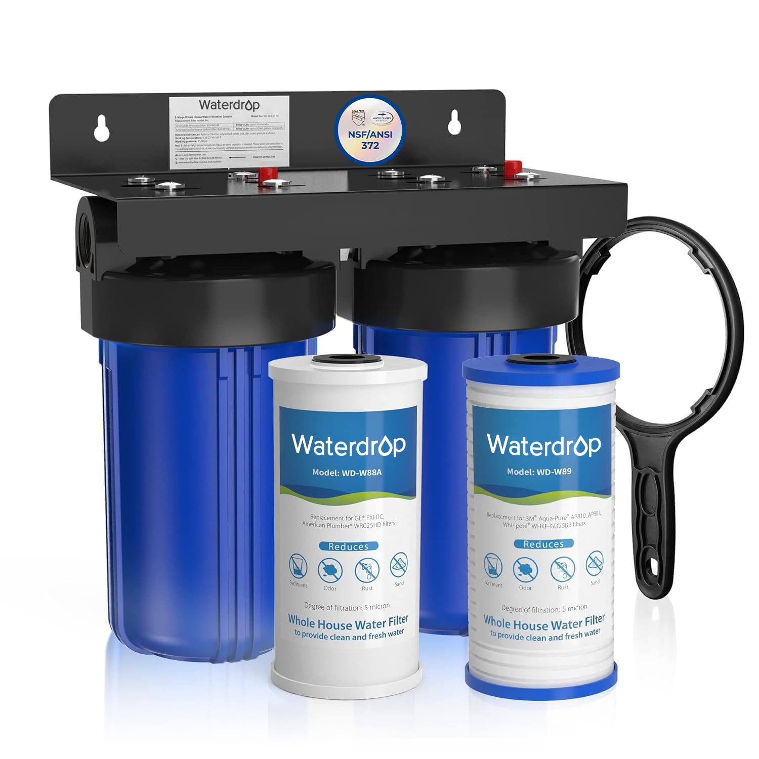 Waterdrop Whole House Water Filter System, with Carbon Filter and Sediment Filter, 5-Stage Filtration, Highly Reduce Lead, Chlorine, Odor and Taste, 2-Stage 5 Micron WD-WHF21-PG, 1″ Inlet/Outlet