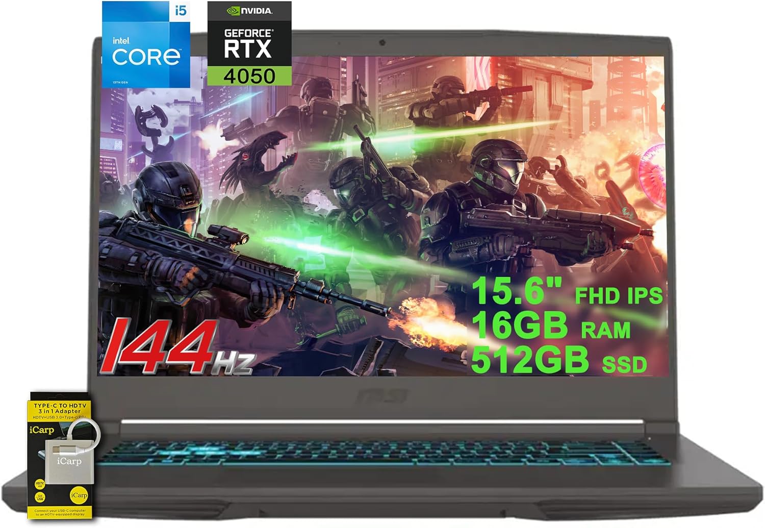 MSI Thin 15 Gaming Laptop 15.6″ FHD IPS 144Hz Intel Octa-core i5-13420H (Beats i7-11800H) 16GB RAM 512GB SSD GeForce RTX 4050 Backlit USB-C Win11 w/ICP Accessory