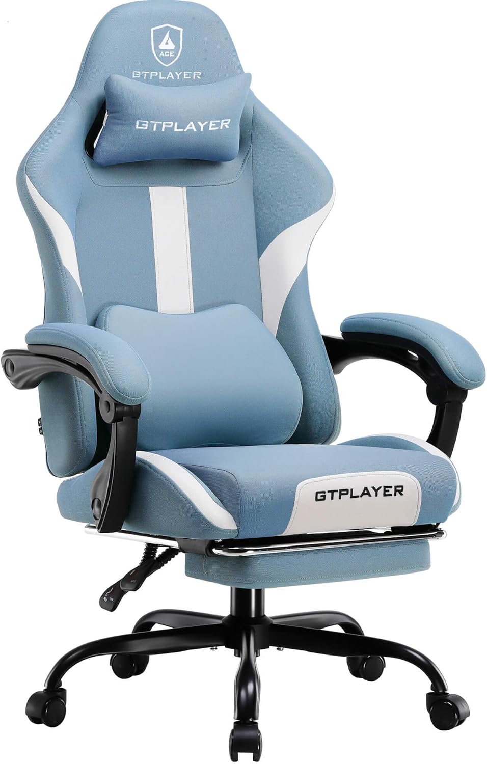 GTRACING Gaming Chair Ergonomic Office Chair with Foot Rest & Pocket Spring Cushion, High Back Computer Desk Chair with Headrest & Lumbar Support, Breathable Fabric Game Chair for Adults, Misty-Blue