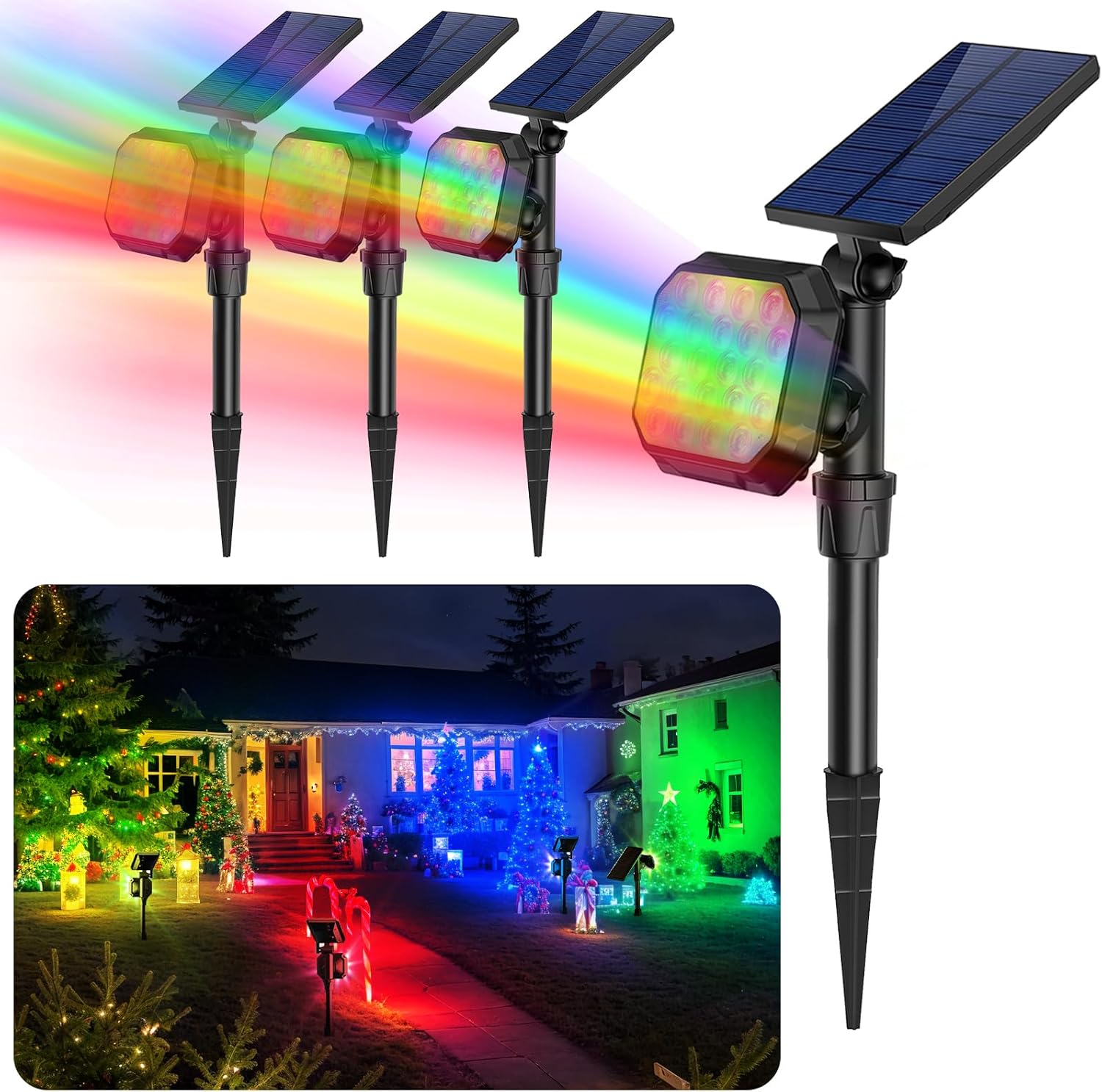 ROSHWEY Solar Spot Lights Outdoor, Colored Solar Outdoor Lights Waterproof Christmas Solar Powered Spotlight Landscape Lighting for Outside House Garden Yard Tree Pool Halloween Decorative, 4 Pack