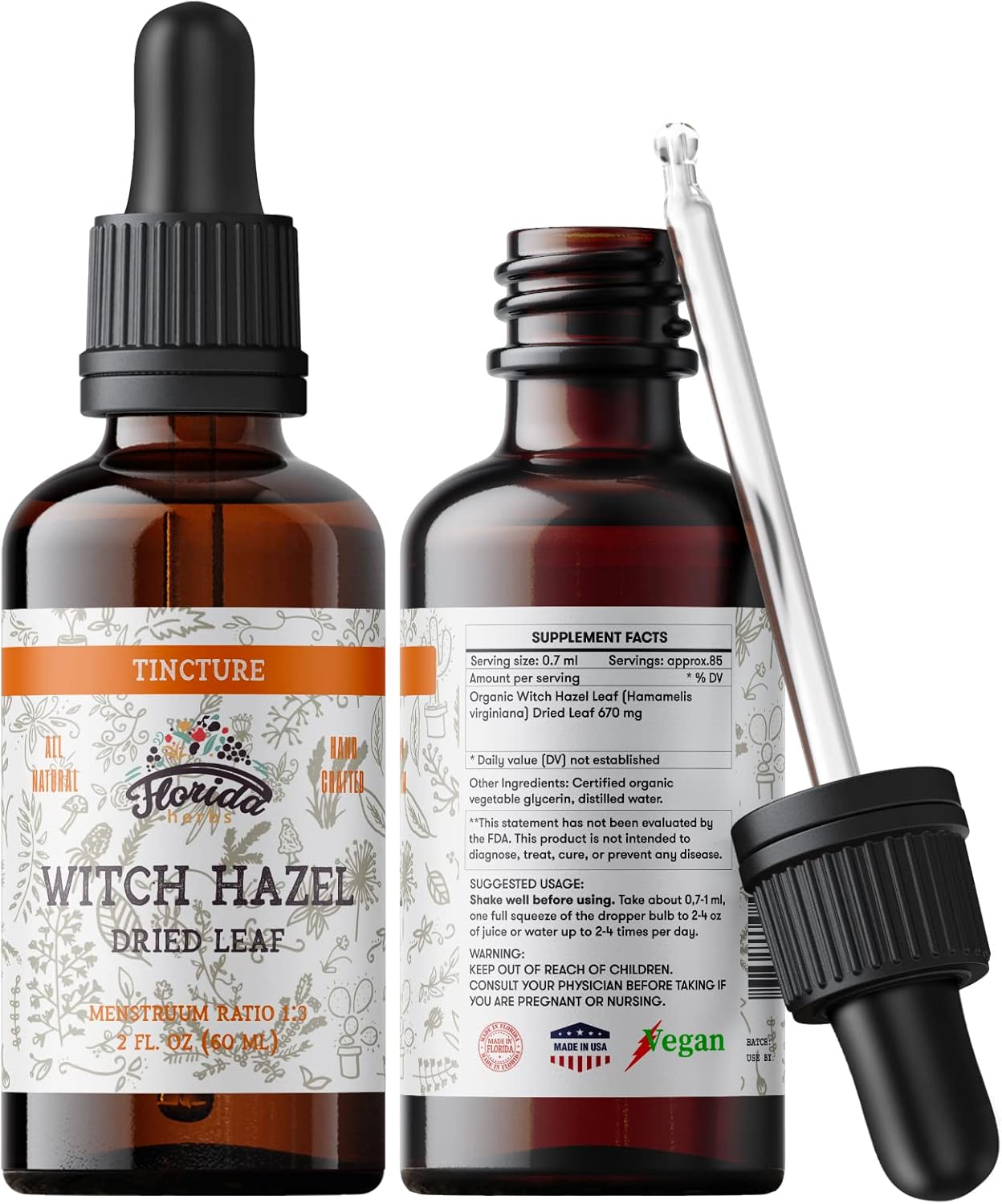 Witch Hazel Leaf Tincture, Witch Hazel Leaf Extract (Hamamelis Virginia) Herbal Supplement, Non-GMO in Cold-Pressed Organic Vegetable Glycerin 2 x 2 oz, 700 mg, 2 oz (60 ml)