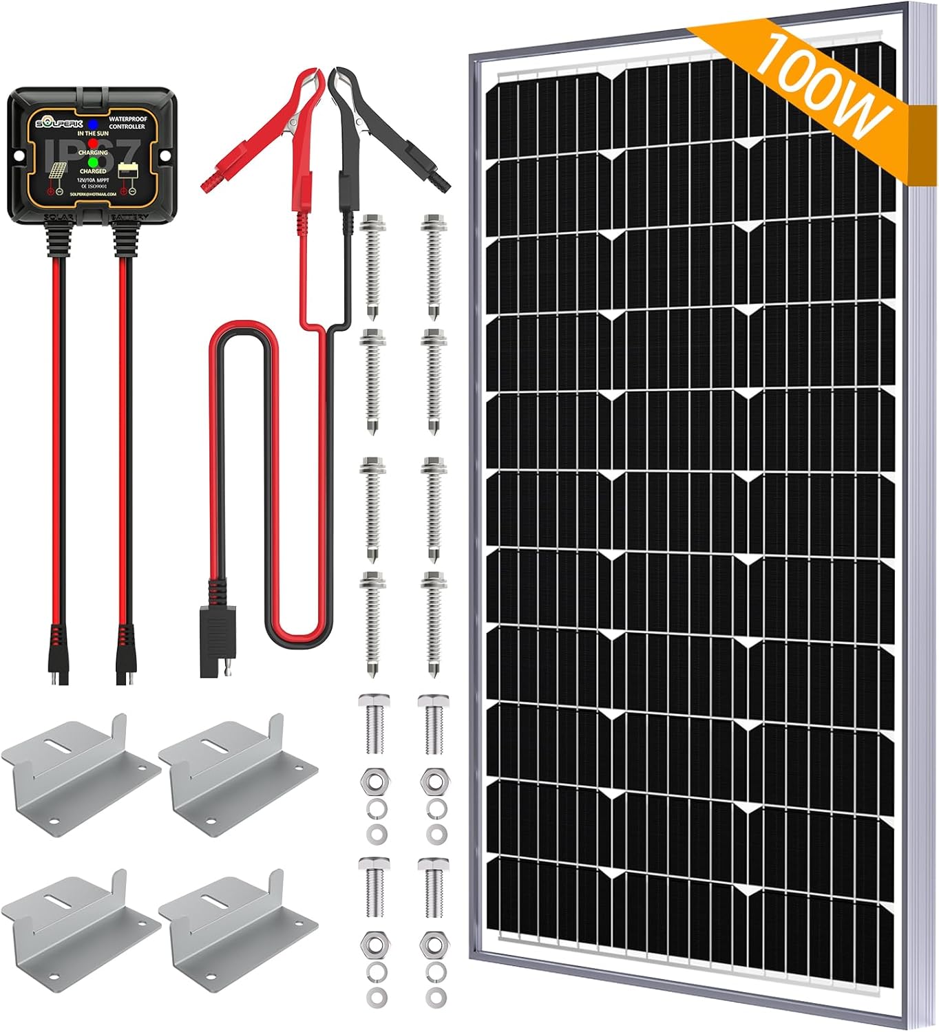 SOLPERK 100W Solar Battery Charger Solar Battery Maintainer + Upgrade 10A MPPT Charge Controller + Adjustable Mount Bracket for Car RV Boat Motorcycle，12V Waterproof Solar Panel Kit Trickle Charging