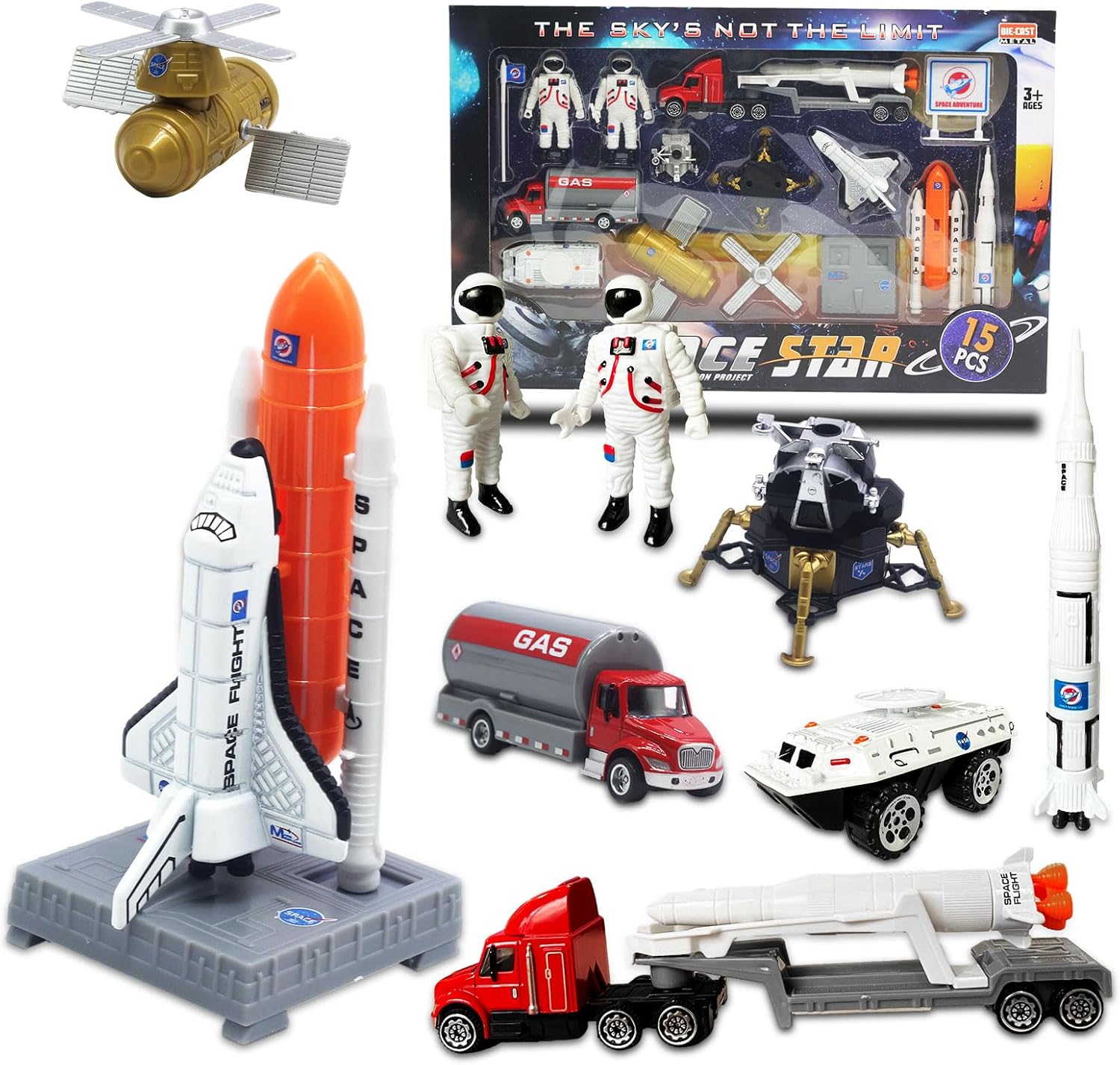 OTONOPI Space Shuttle Rocket Toys Set for Kids 3 4 5 6 7 8 9+ Years Old Rocket Ship Toys 15 PCS Die-Cast STEM Aerospace Toys with 3 Rocket Ships Space Shuttle 2 Astronauts Lunar Lander Satellite, etc.