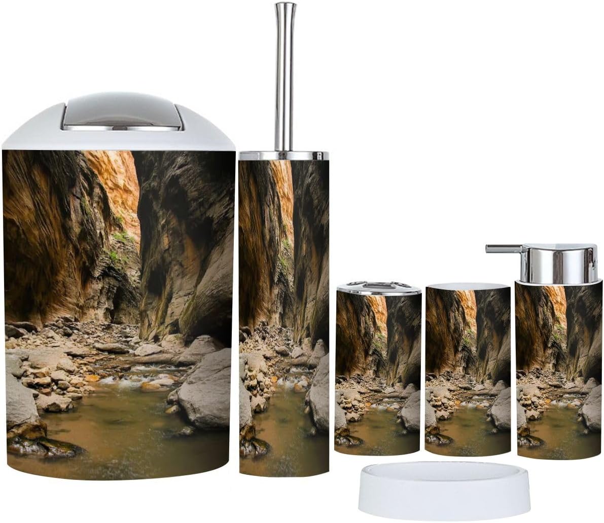 Bathroom Accessory Set 6 Piece Zion Narrows P1130475 Toothbrush Holder, Toothbrush Cup, Soap Dispenser, Soap Dish, Toilet Brush Holder, Trash can