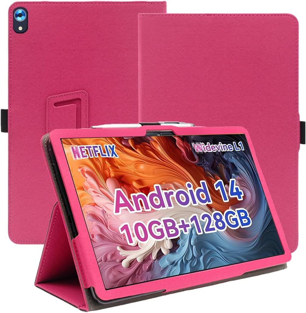 Case for Jeazans Android Tablet 10.1 inch Android 13.0 2024 Upgraded Version，Premium Leather Business Folio Stand Cover with Hand Strap for Tablet,Rose Red.