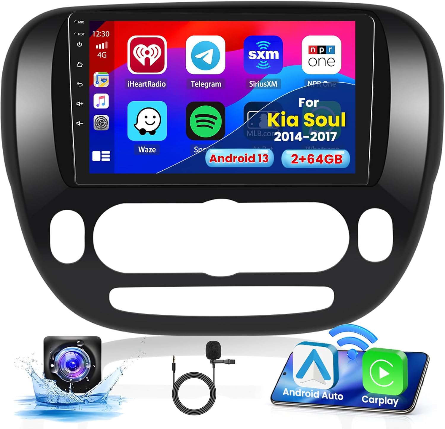 2+64G Android 13 Car Stereo Radio for Kia Soul 2014-2017, 9” HD Touch Screen with CarPlay Android Auto, AHD Backup Camera, Mirror Link, GPS, WiFi, FM RDS