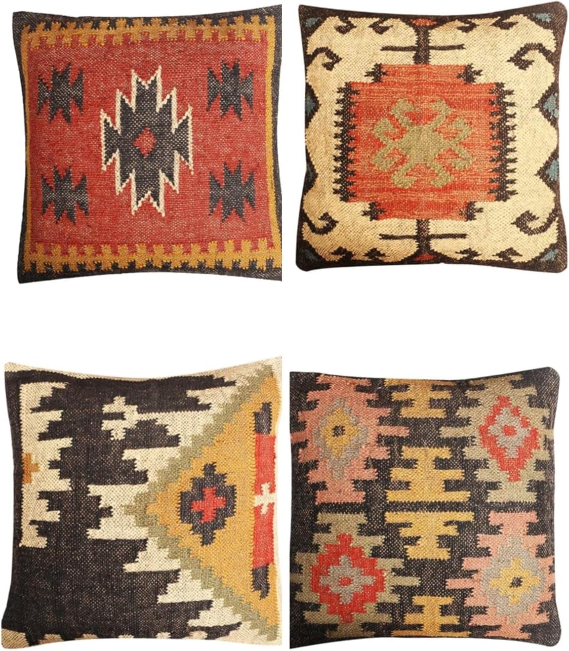 Rang Sutra Indian Wool Jute Vintage Kilim Cushion Covers,Home Decor Pillowcases Handwoven Turkish Pillow Decorative Throw Pillow Covers Set of 4 (Multicolor 01)