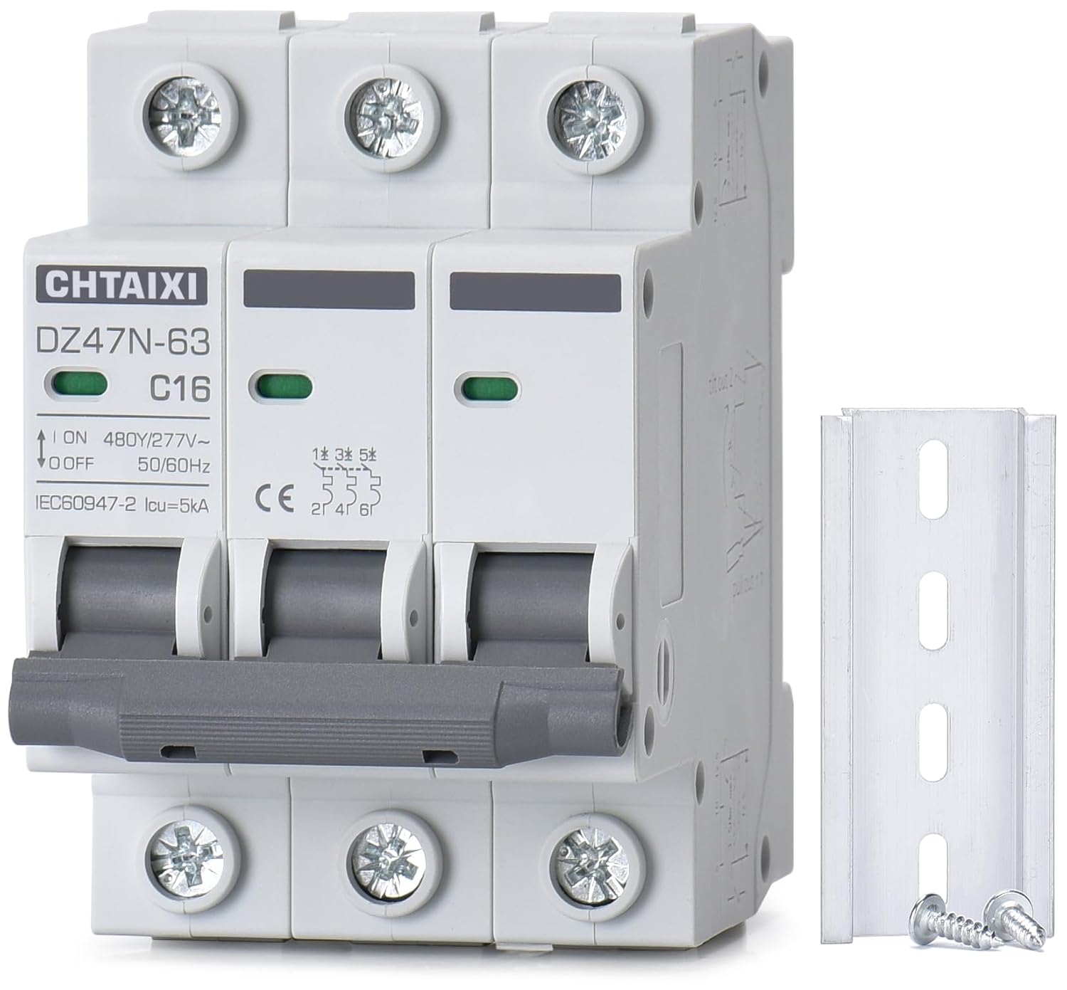 3 Pole DIN Rail Mount Circuit Breaker, 16 Amp 480V AC Miniature Circuit Breaker, Thermal Magnetic Trip AC Disconnect Switch MCB C16