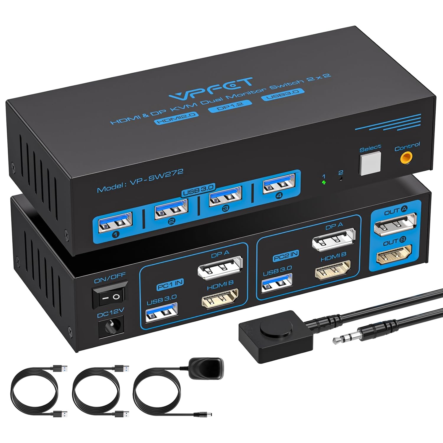 HDMI Displayport KVM Switch 2 Monitors 2 Computers 4K@60Hz DP KVM Switcher Dual Monitor for 2 Computers Share 2 Screens and 4 USB 3.0 Ports Support Extended/Copy Mode with Desktop Controller