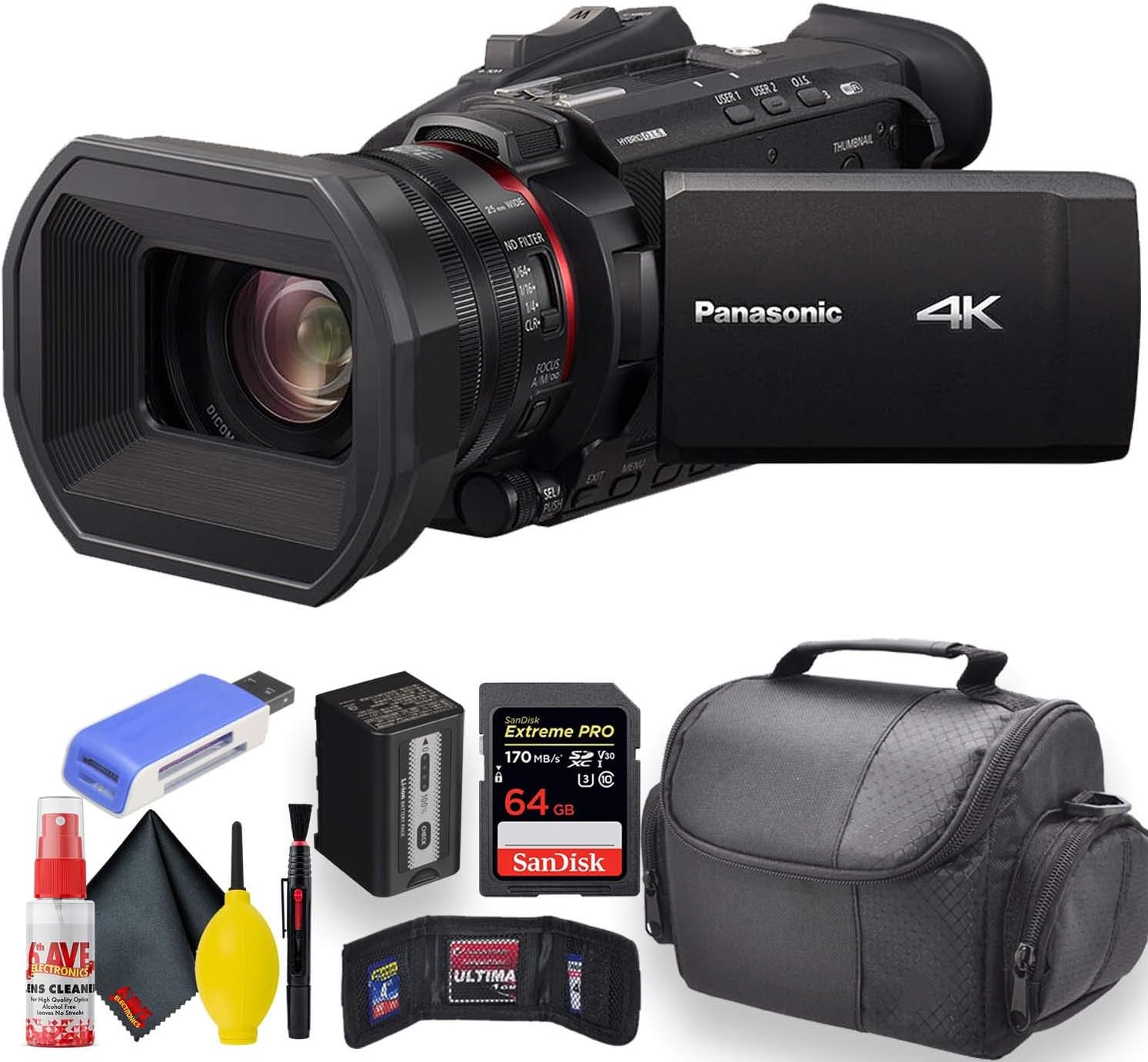 Panasonic HC-X1500 4K Professional Camcorder with 24x Optical Zoom, WiFi HD Live Streaming W/Soft Case + Sandisk Extreme Pro 64GB Card + Clean and Care Set + More – Starter Bundle