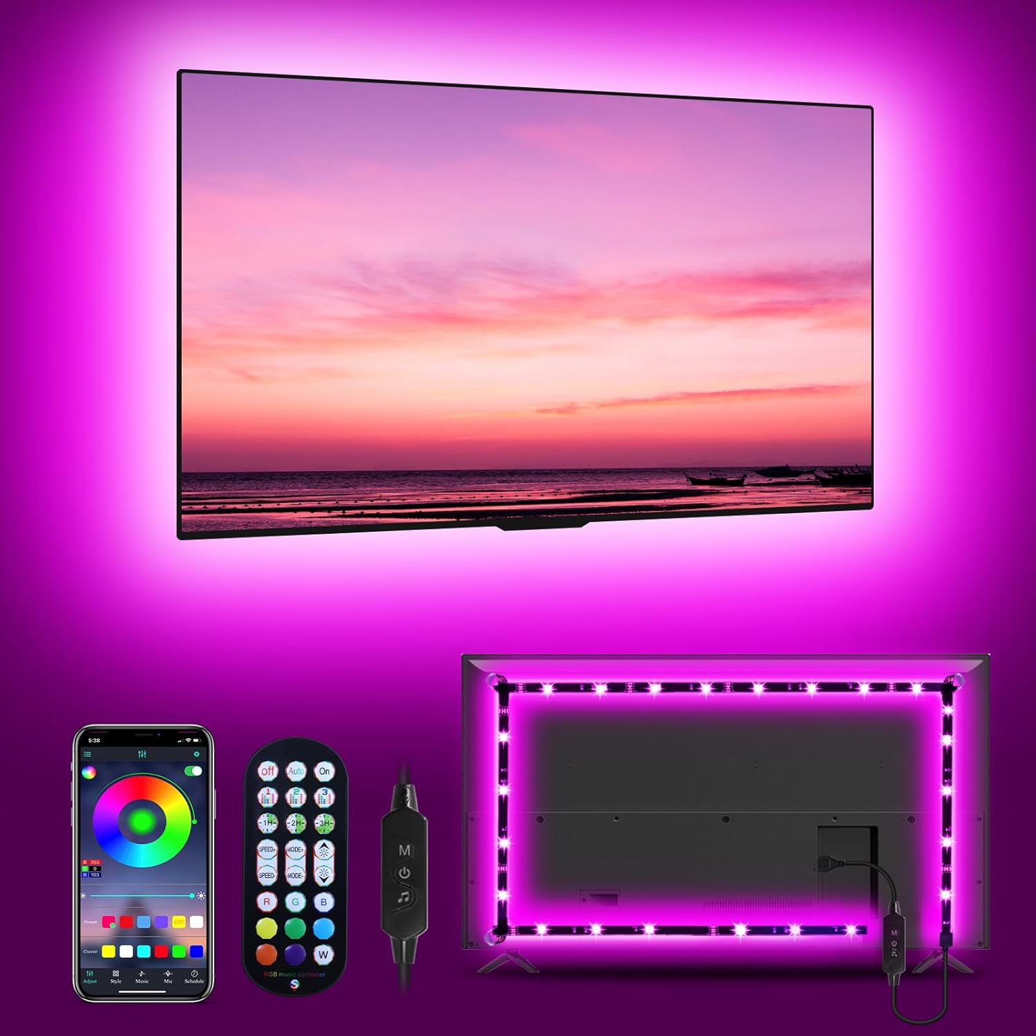 MATICOD LED Lights for TV, 13.1ft RGB Strip Lights for TV Behind 45-60in TV, Bluetooth APP Remote Control Music Sync TV Backlight for Bedroom Gaming Room