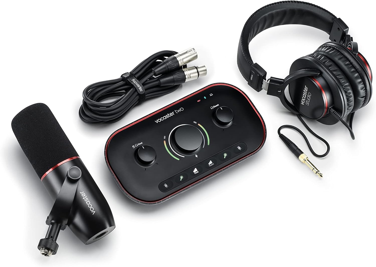 Focusrite Vocaster Two Studio — Podcasting Interface for Recording Host & Guest, with Professional Quality Vocaster DM14v Dynamic Microphone & HP60v Headphones. Two Mic Inputs & Two Headphone Outputs