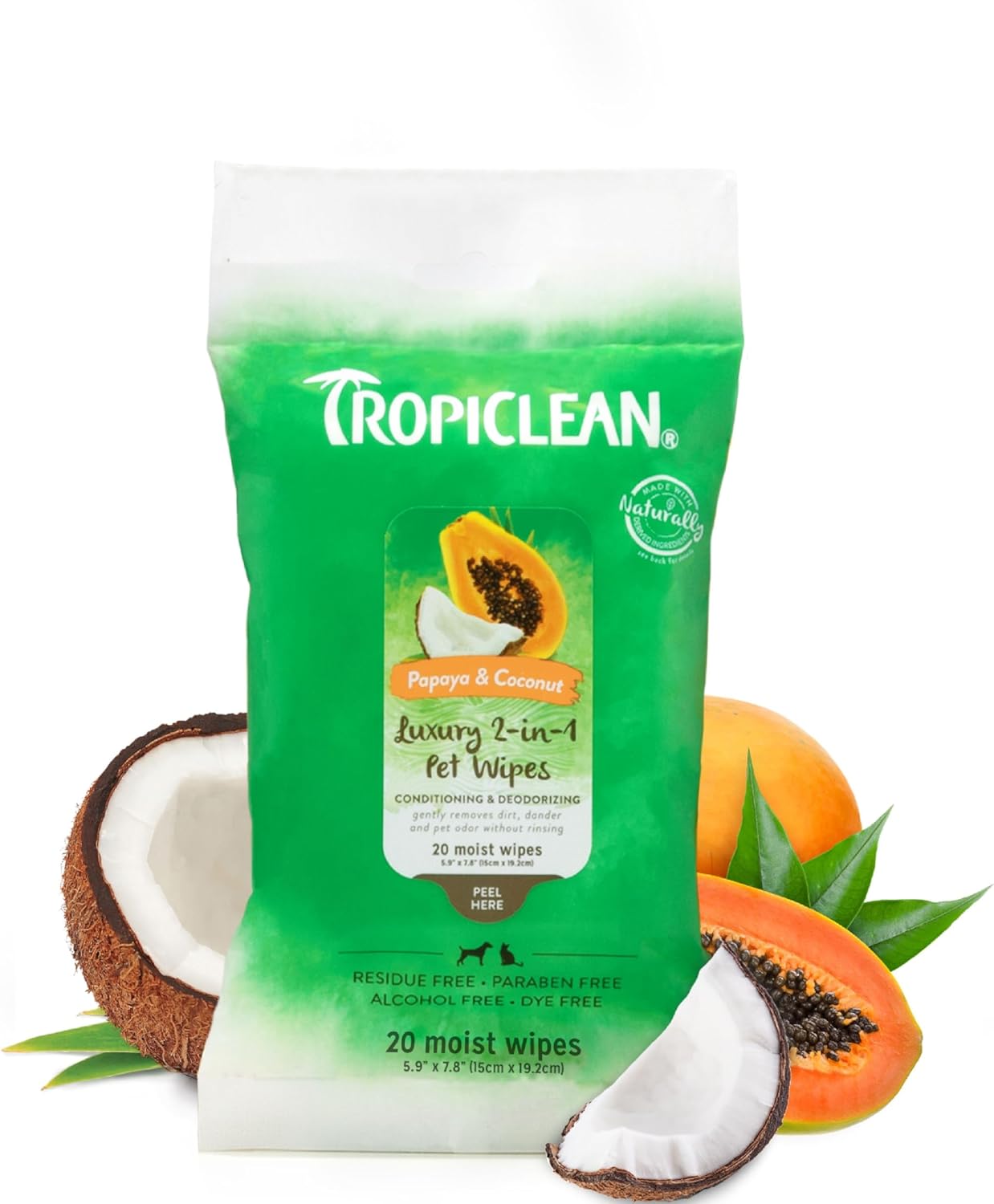 TropiClean Papaya & Coconut Dog Wipes for Paws and Butt | Deep Cleaning Dog Grooming Wipes | Safe for The Face | Cat Friendly | 20 Count