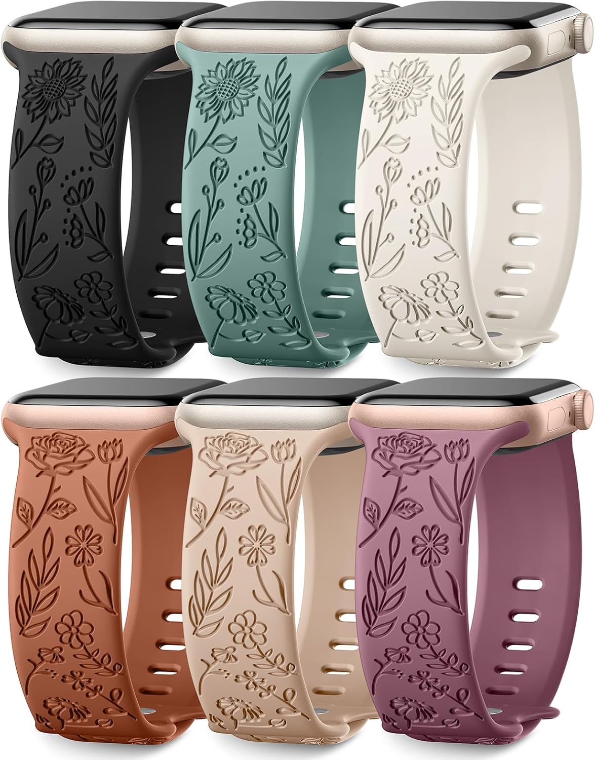 SNBLK 6 Pack Floral Engraved Bands Compatible with Apple Watch Bands for Women 40mm 41mm 42mm 38mm 44mm 45mm 46mm 49mm, Soft Silicone Cute Flower Pattern Sport Strap for iWatch Series 10 9 8 7 6 5 4 3 2 1 Ultra SE