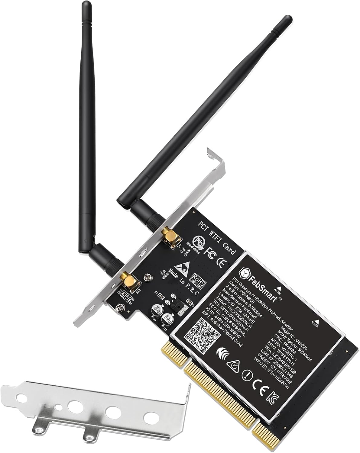 Wireless N Dual Band 600Mbps (2.4GHz 300Mbps or 5GHz 300Mbps) PCI WiFi Adapter for Windows 11, 10, 8.x, 7, XP (32/64bit) and Windows Server Desktop PCs, PCI Interface WiFi Card (PCI-N600)