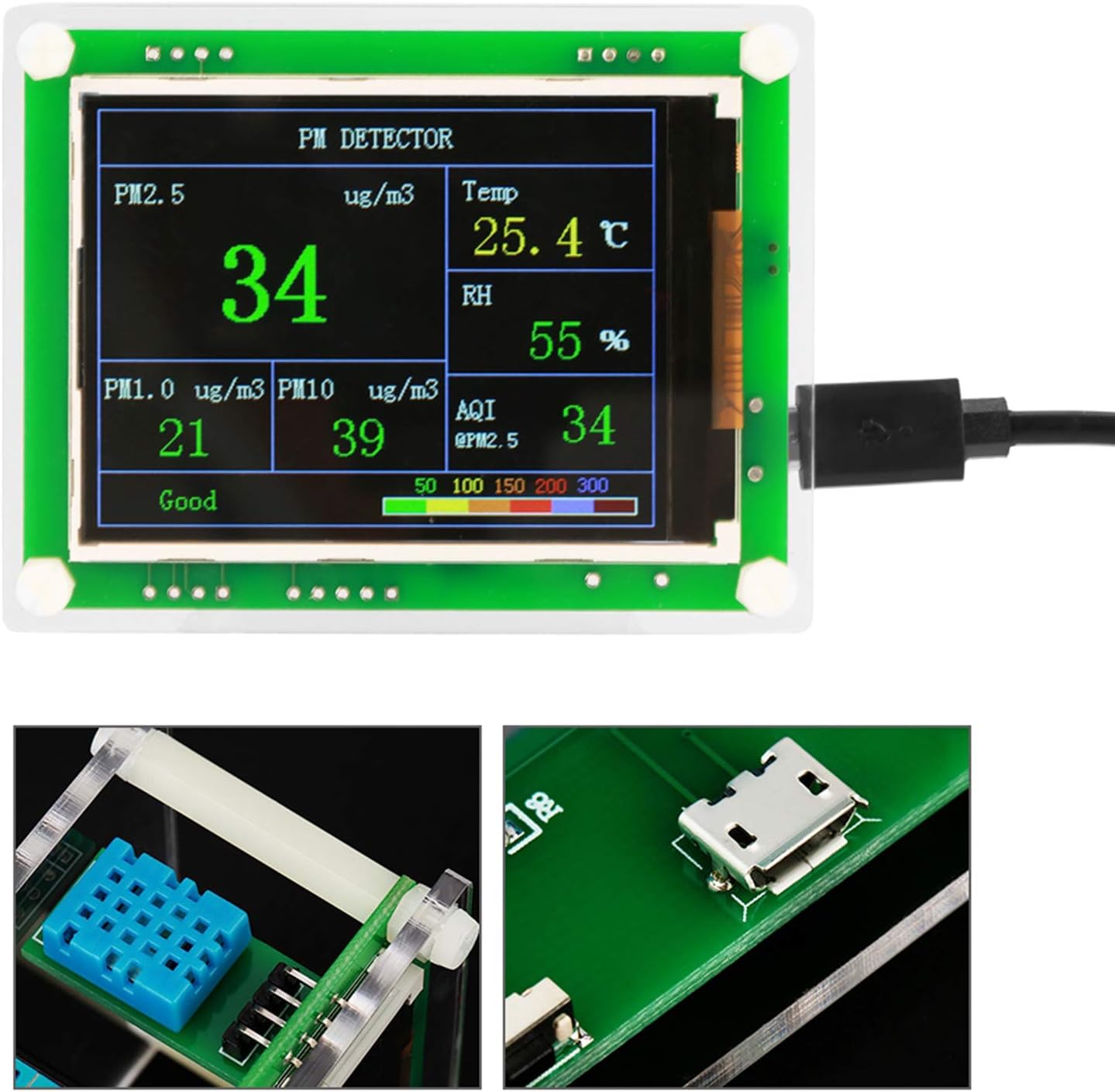 5V Air Quality Monitor, Air Pollution Detector Meter Sensor Tester with 2.8″ TFT Screen for Monitoring PM2.5 Temperature Humidity and Air Particulates for Indoor/Outdoor