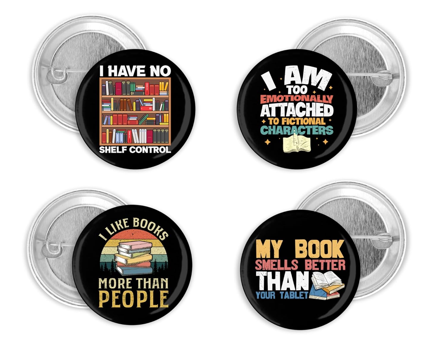 Reading Themed Button Pins for Book Lovers – Set of Four, 1.5 Inch