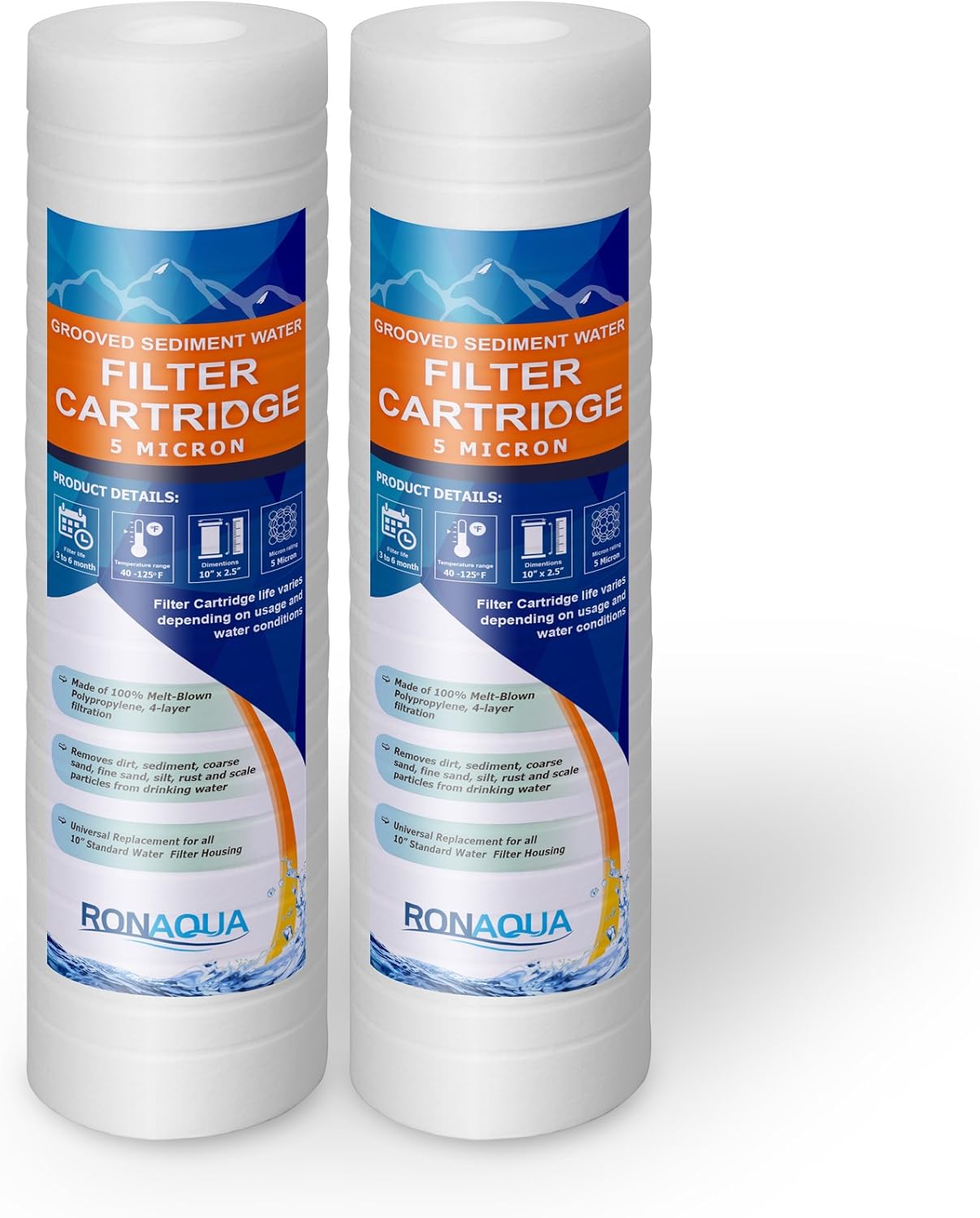 Grooved Sediment Water Filter Cartridge by Ronaqua 10″x 2.5″, Four Layers of Filtration, Removes Sand, Dirt, Silt, Rust, made from Polypropylene (2 Pack, 5 Micron)