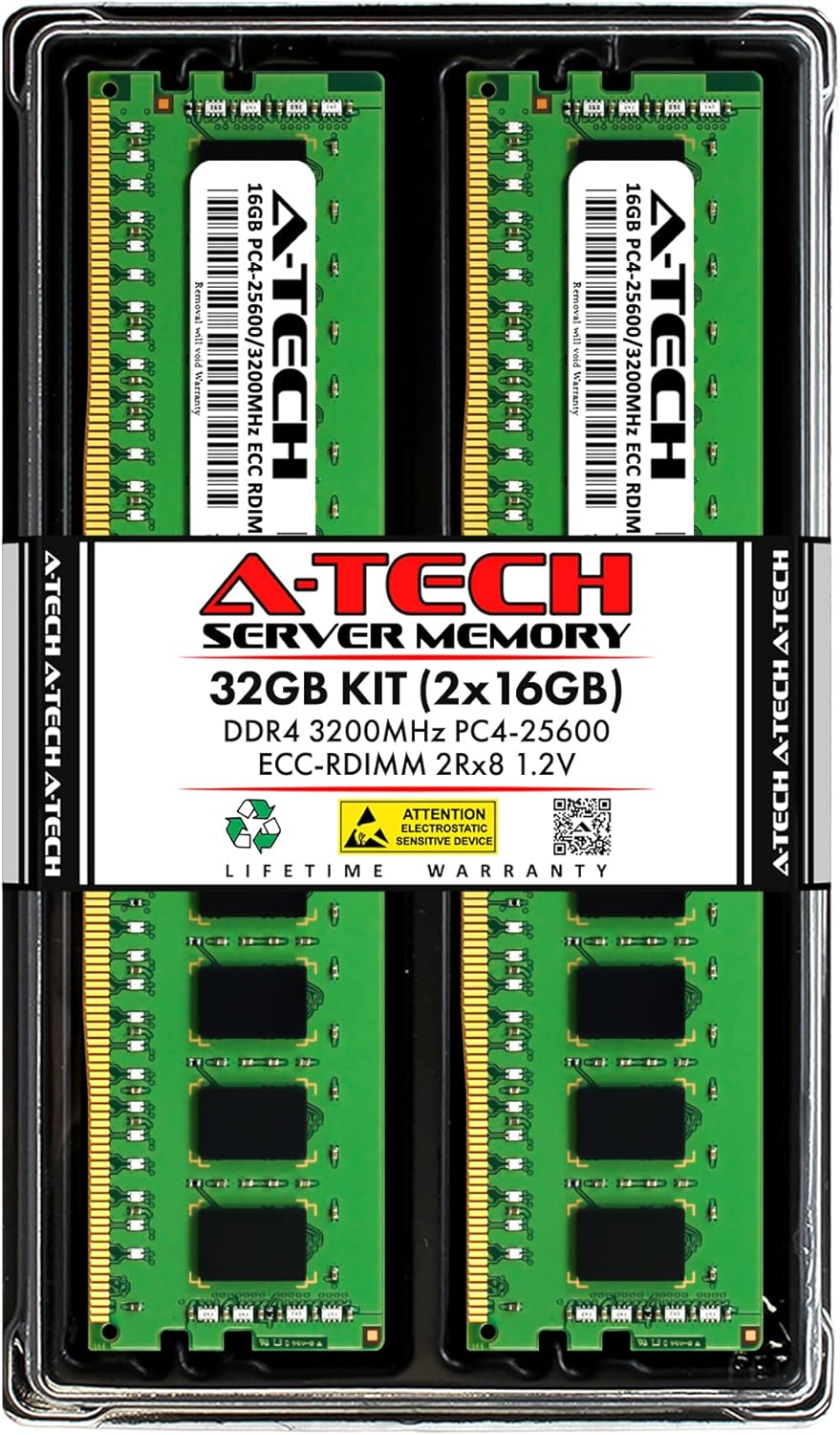 A-Tech 32GB Kit (2x16GB) DDR4 3200MHz PC4-25600 ECC RDIMM 2Rx8 1.2V Dual Rank ECC Registered DIMM 288-Pin Server & Workstation RAM Memory Upgrade Modules (A-Tech Enterprise Series)