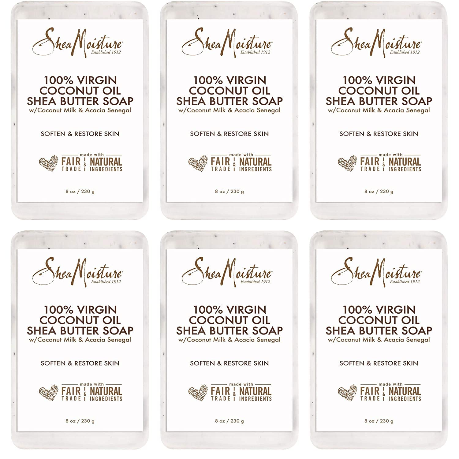 SheaMoisture Shea Butter Body Wash Bar Soap, Cleansing Skin Care to Soften & Restore, 100% Virgin Coconut Oil with Coconut Milk, Shea Butter & Acacia Senegal, 8 Oz Bar – 6 pack