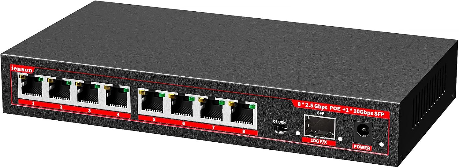 9 Port 2.5G PoE Switch, 8 x 2.5G Base-T PoE Ports with 1 x 10G SFP, IEEE802.3af/at, 120W Unmanaged 2.5Gb Network Switch Compatible with 100/1000/2500Mbps for AP, PC/Metal/Fanless/Wall Mountable