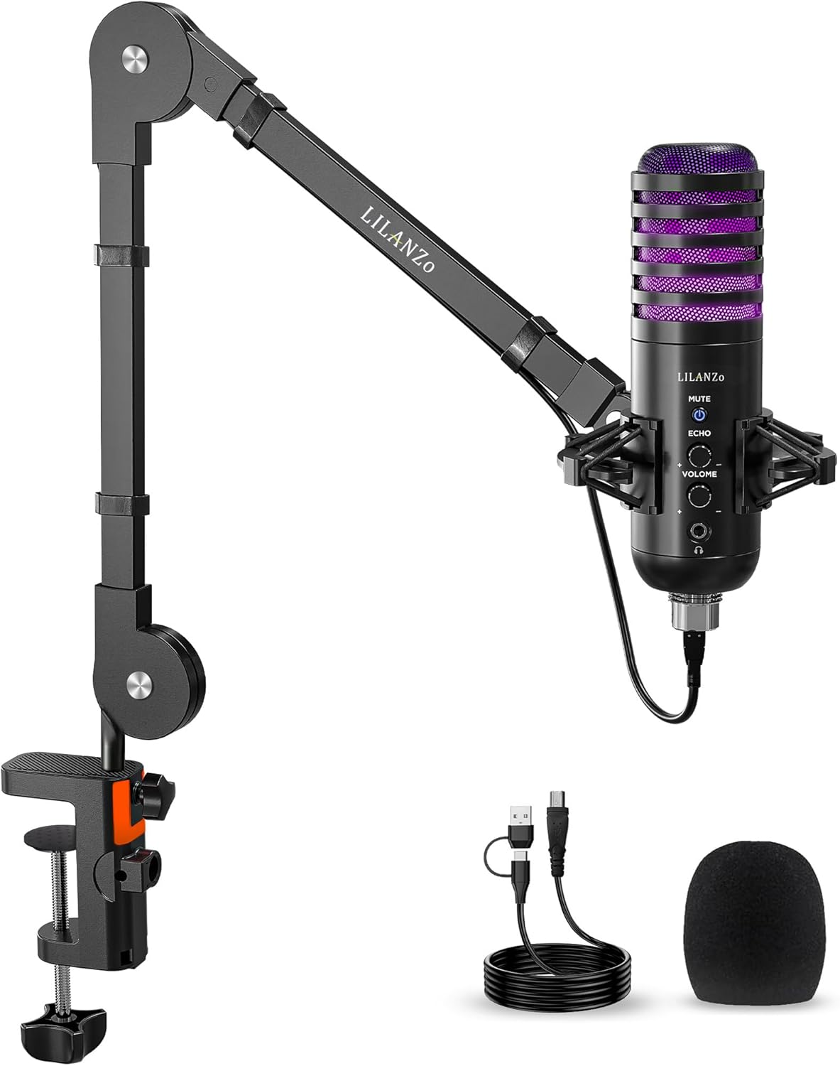 Gaming USB Microphone, 192kHz/24bit Professional RGB Podcast Mic with Boom Arm, Mute, Gain, Echo, Sound Chipset Mic for Gaming, PC, Recording, Streaming, PS4/5, Computer, YouTube, TK (Black) ﻿