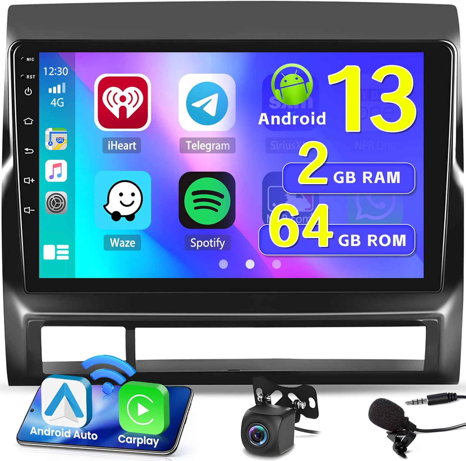 [2+64G] Hikity Android 13 Car Stereo for 2005-2013 Toyota Tacoma with Wireless Carplay Android Auto, 9” Touch Screen Radio, GPS WiFi Bluetooth SWC, Mic, Backup Camera, FM/RDS