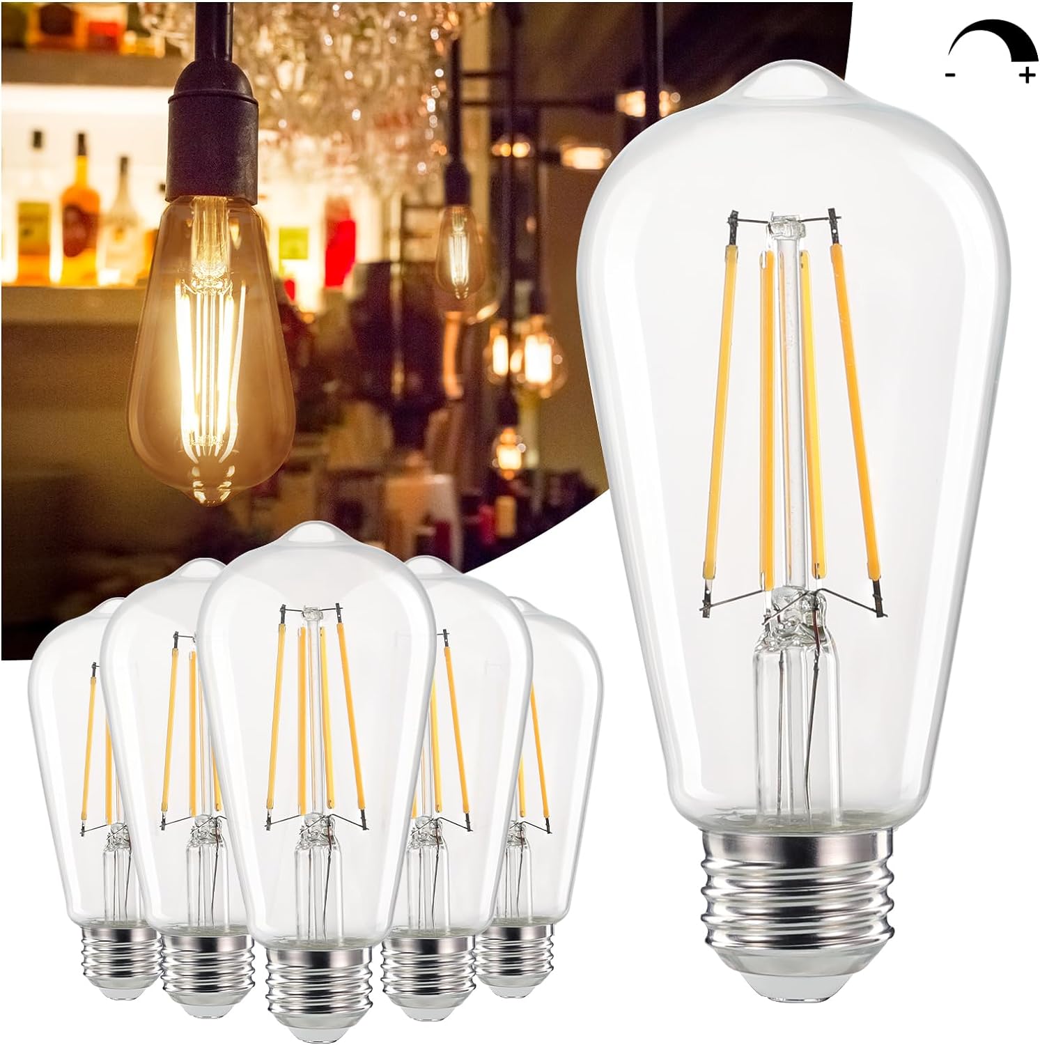 Linkind Edison Light Bulbs 60W Equivalent, E26 Dimmable Vintage Edison LED Light Bulbs ST58 Antique Decorative Filament LED Bulb, 6W 700LM, 2700K Soft White, CRI80+ Clear Glass Light Bulbs, 6 Packs