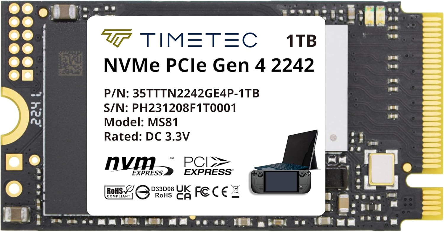 Timetec 1TB M.2 2242 SSD NVMe PCIe Gen4x4 3D NAND TLC Read/Write Speed Up to 5,100/4,800 MB/s Single Sided Compatible with Lenovo Thinkpad X1 Nano Gen2/ThinkPad 11e Yoga Gen6 and Laptops and Desktops