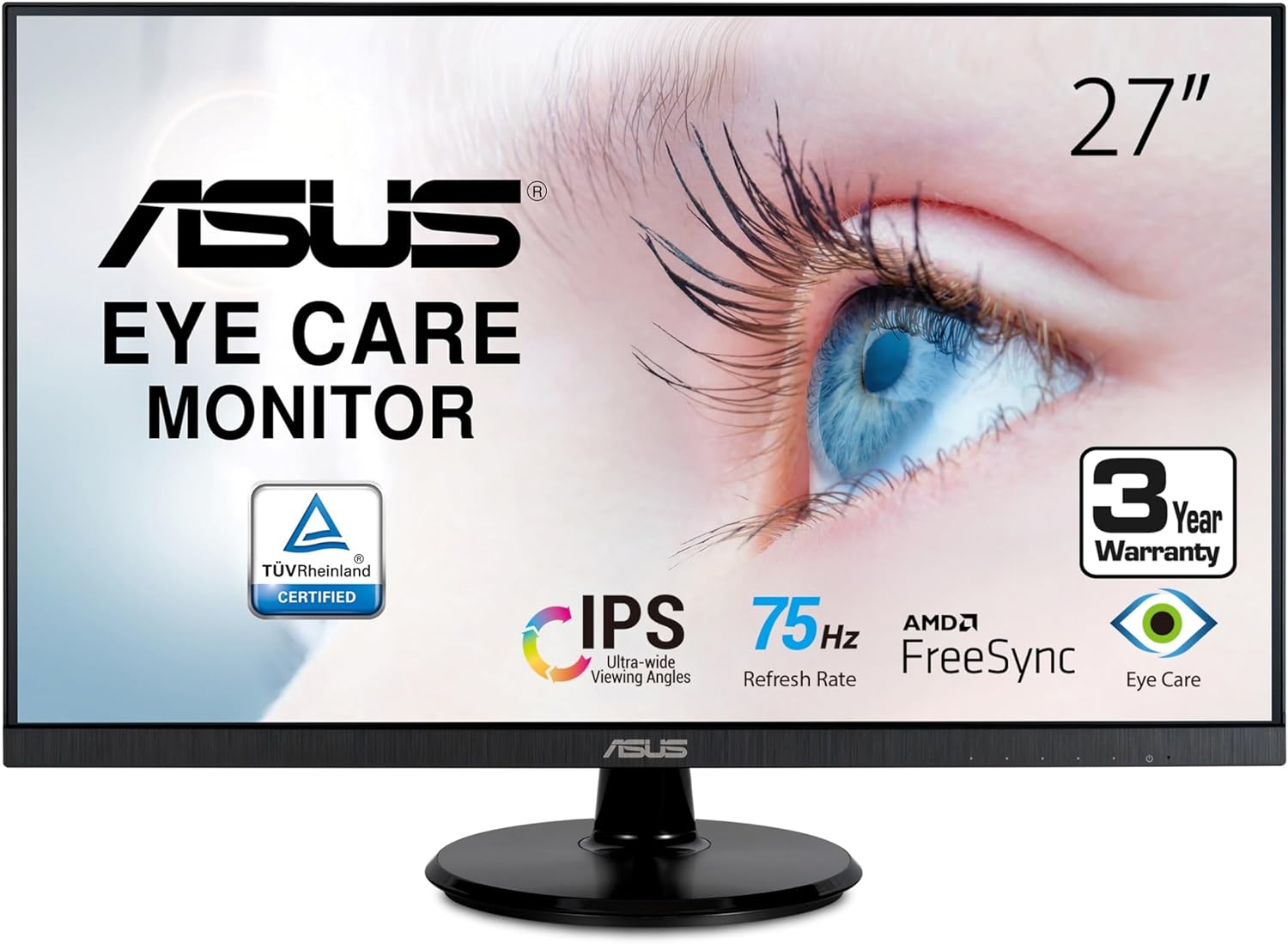 ASUS 27” 1080P Monitor (VA27DQ) – Full HD, IPS, 75Hz, Speakers, Adaptive-sync/FreeSync, Low Blue Light, Flicker Free, VESA Mountable, Frameless, HDMI, VGA, DisplayPort, Tilt Adjustable, BLACK